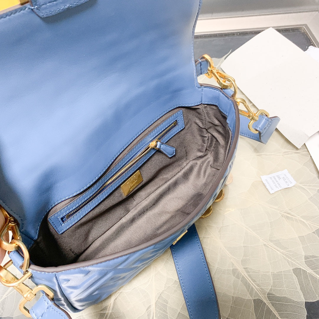 Fendi Baguette Blue Embossed FF Logo Leather Shoulder Bag with Gold Hardware