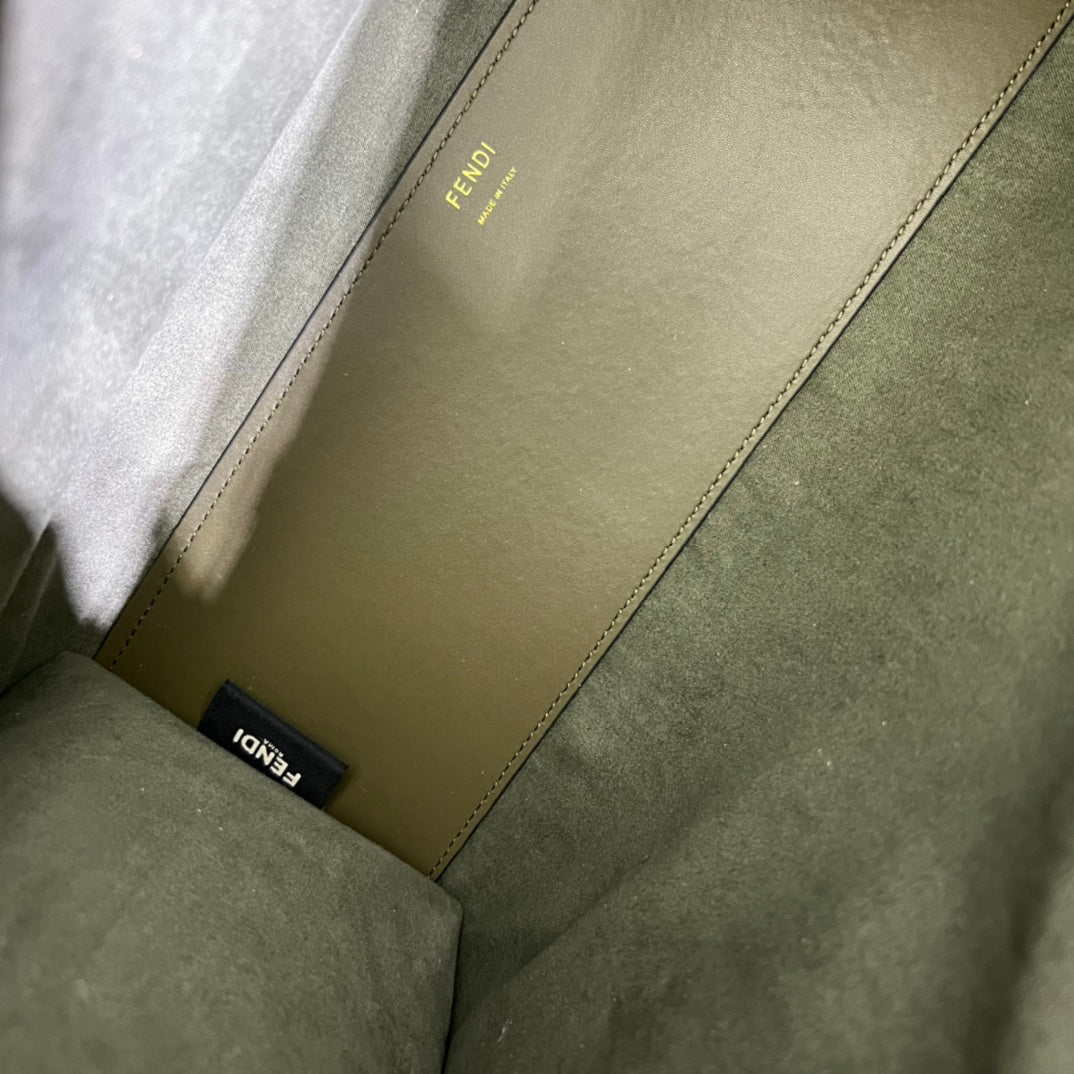 Fendi Sunshine Medium Shopper Bag - Olive Green Leather Tote with Fendi Roma Logo