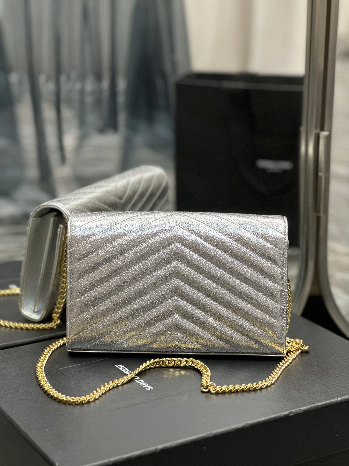 Saint Laurent Monogram Matelassé Leather Chain Wallet - Silver/Gold