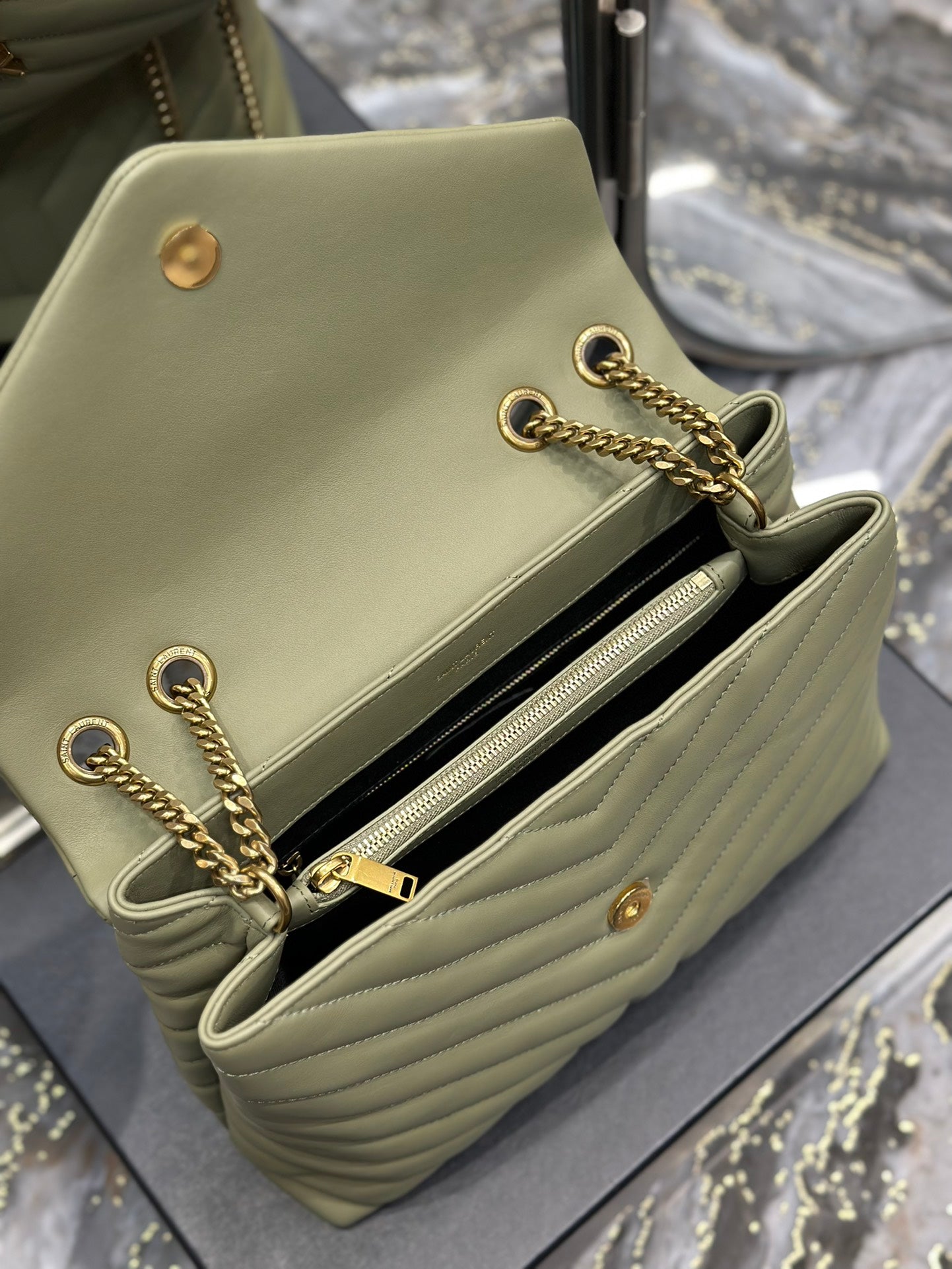 Saint Laurent Medium College Bag in Sage Green Chevron Quilted Leather