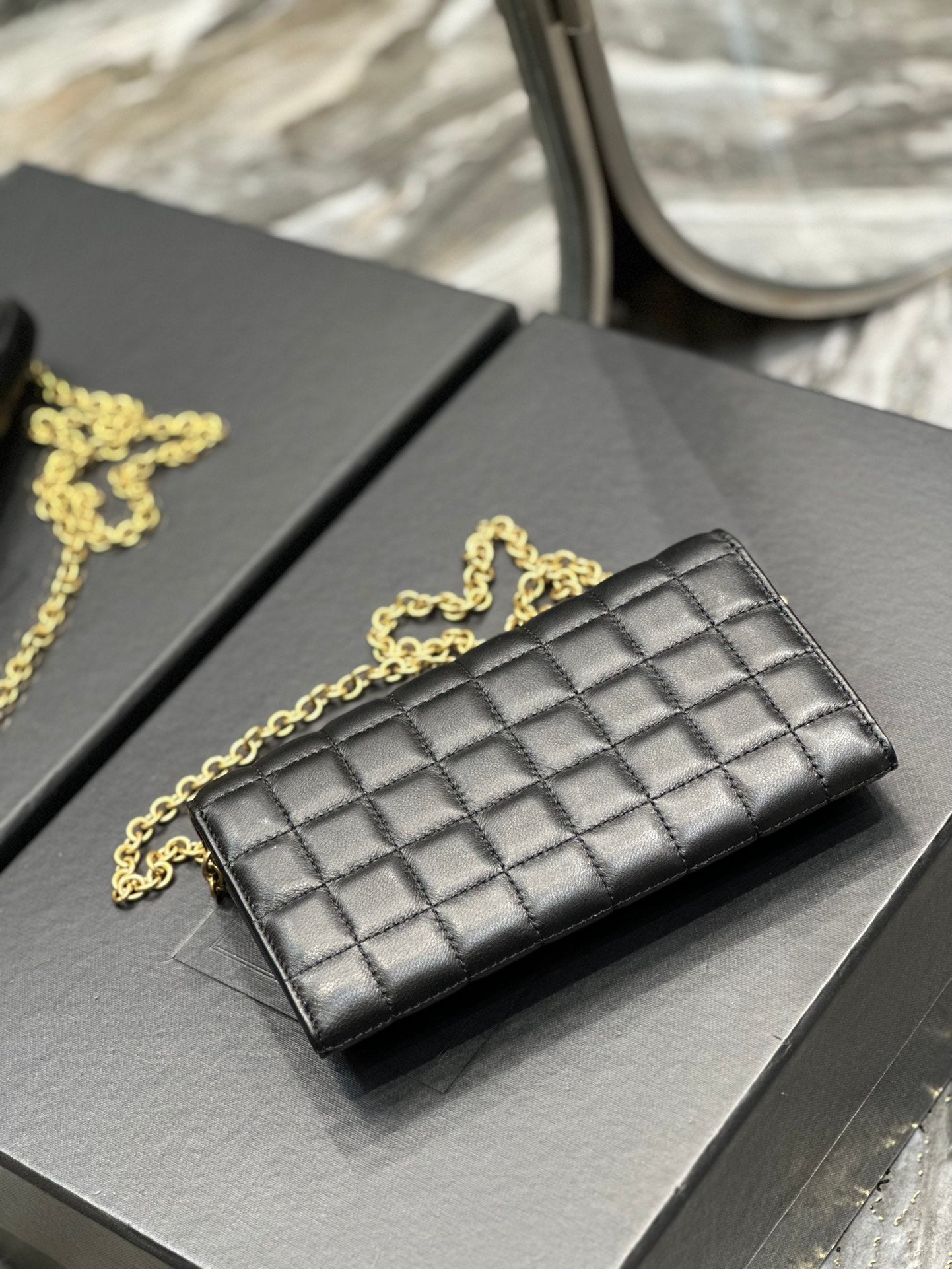 Quilted Leather Shoulder Bag with Gold Chain Strap - Black