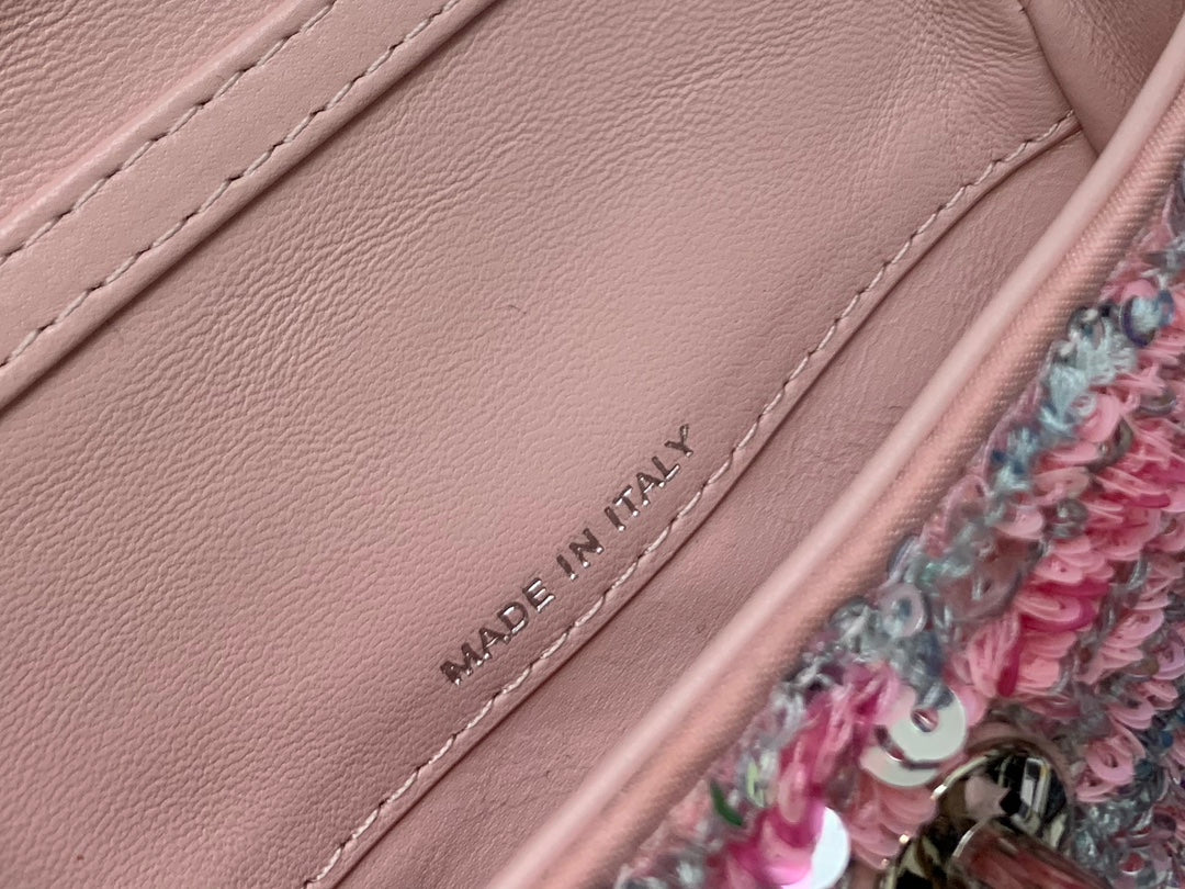 Pink Sequin Mini Crossbody Shoulder Bag with Silver-Tone Chain Strap