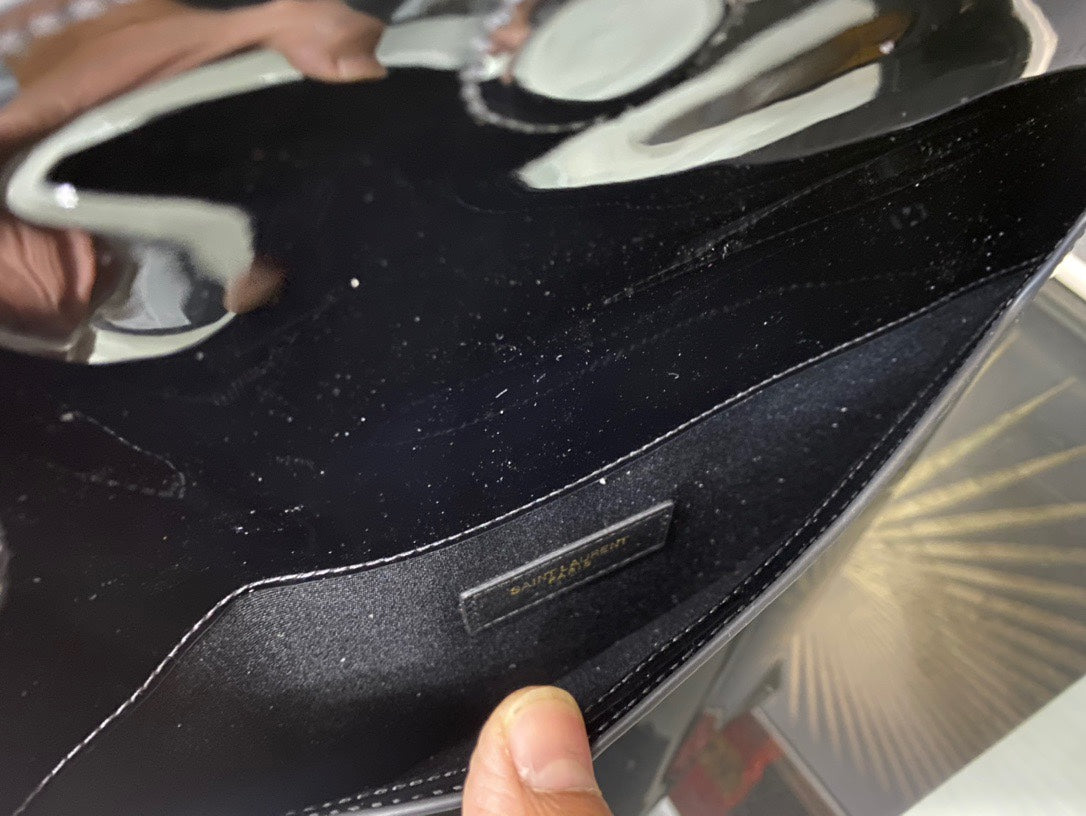 Saint Laurent Uptown Pouch in Black Patent Leather with Gold Logo