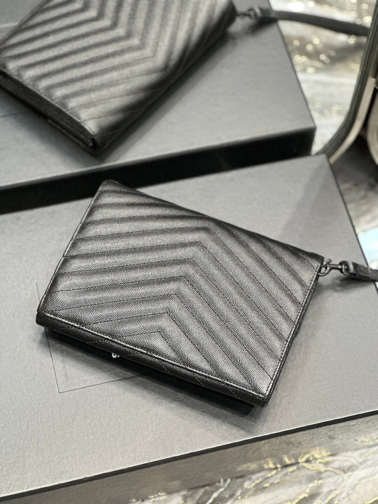 Saint Laurent Cassandre Matelassé Quilted Leather Pouch with Wristlet - Black