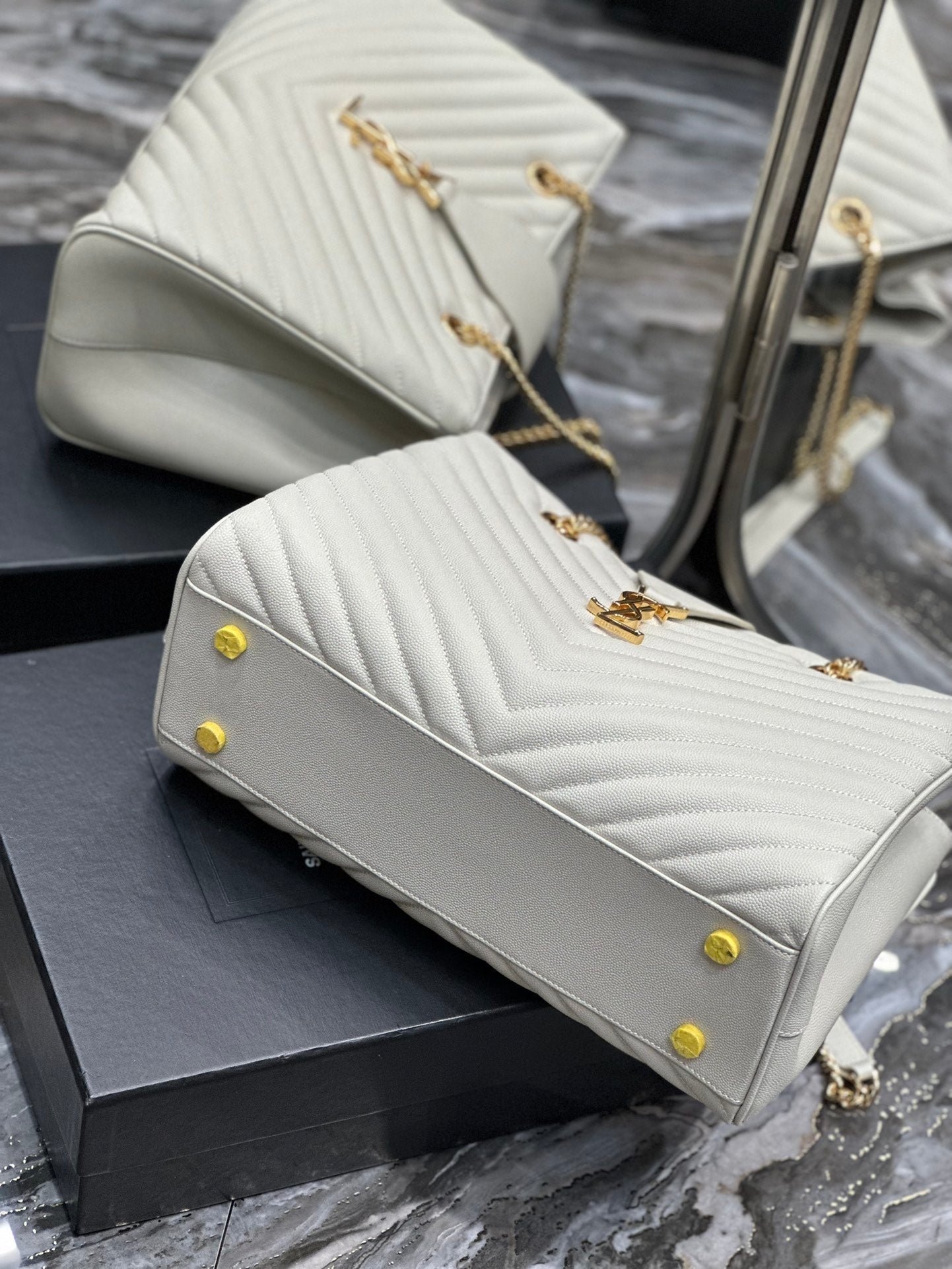 Luxury Quilted Leather Chevron Tote Bag - Cream White Shoulder Bag with Gold Chain Straps