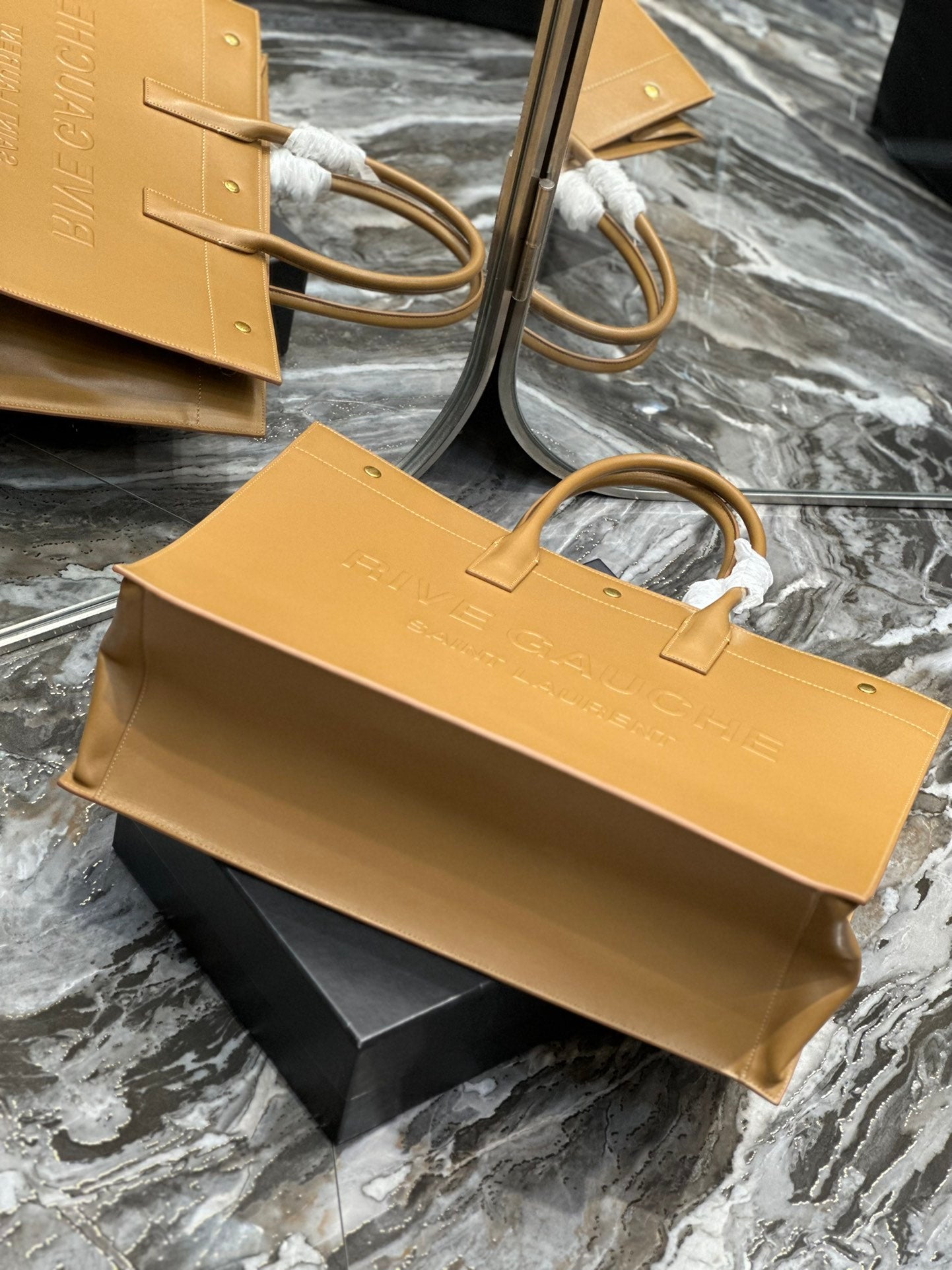 Saint Laurent Rive Gauche Embossed Leather Tote Bag - Tan