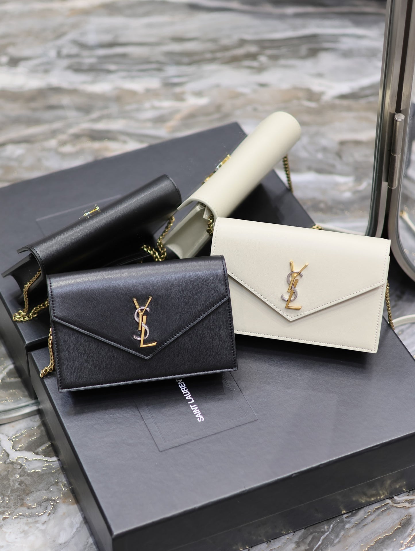 Saint Laurent Cassandre Monogram Envelope Wallet on Chain - Black & White Leather