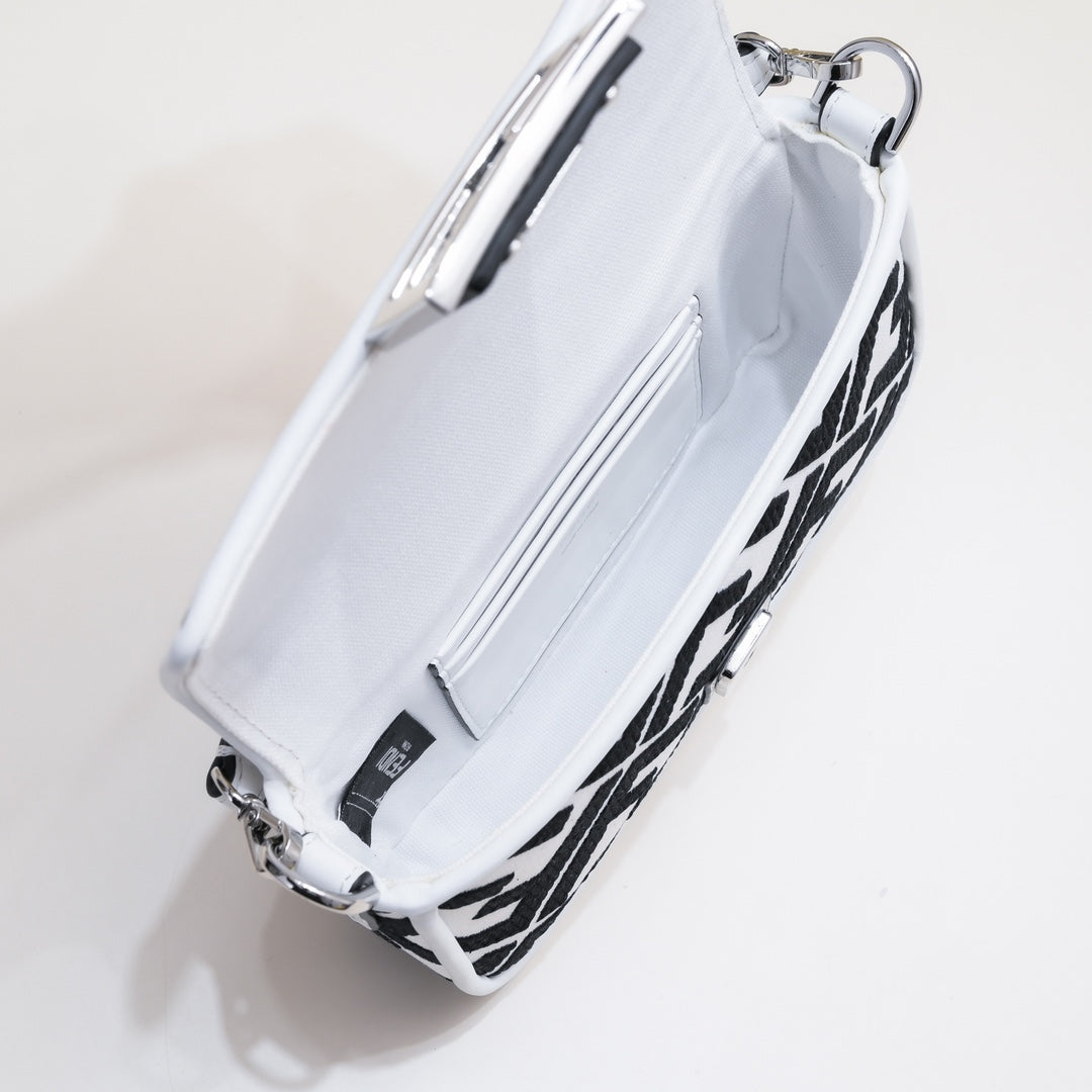 Fendi Baguette Bag Black and White FF Logo Print Leather Shoulder Bag