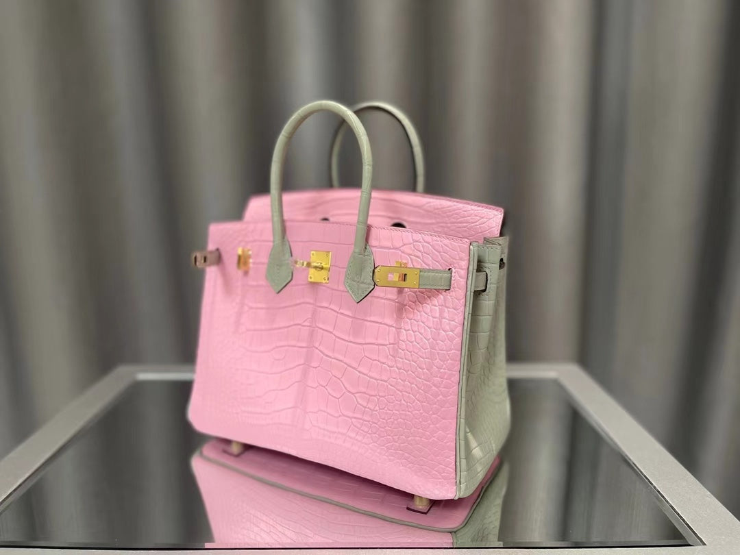 Luxury Pink Crocodile Embossed Leather Handbag - Elegant Top Handle Bag with Gold Hardware