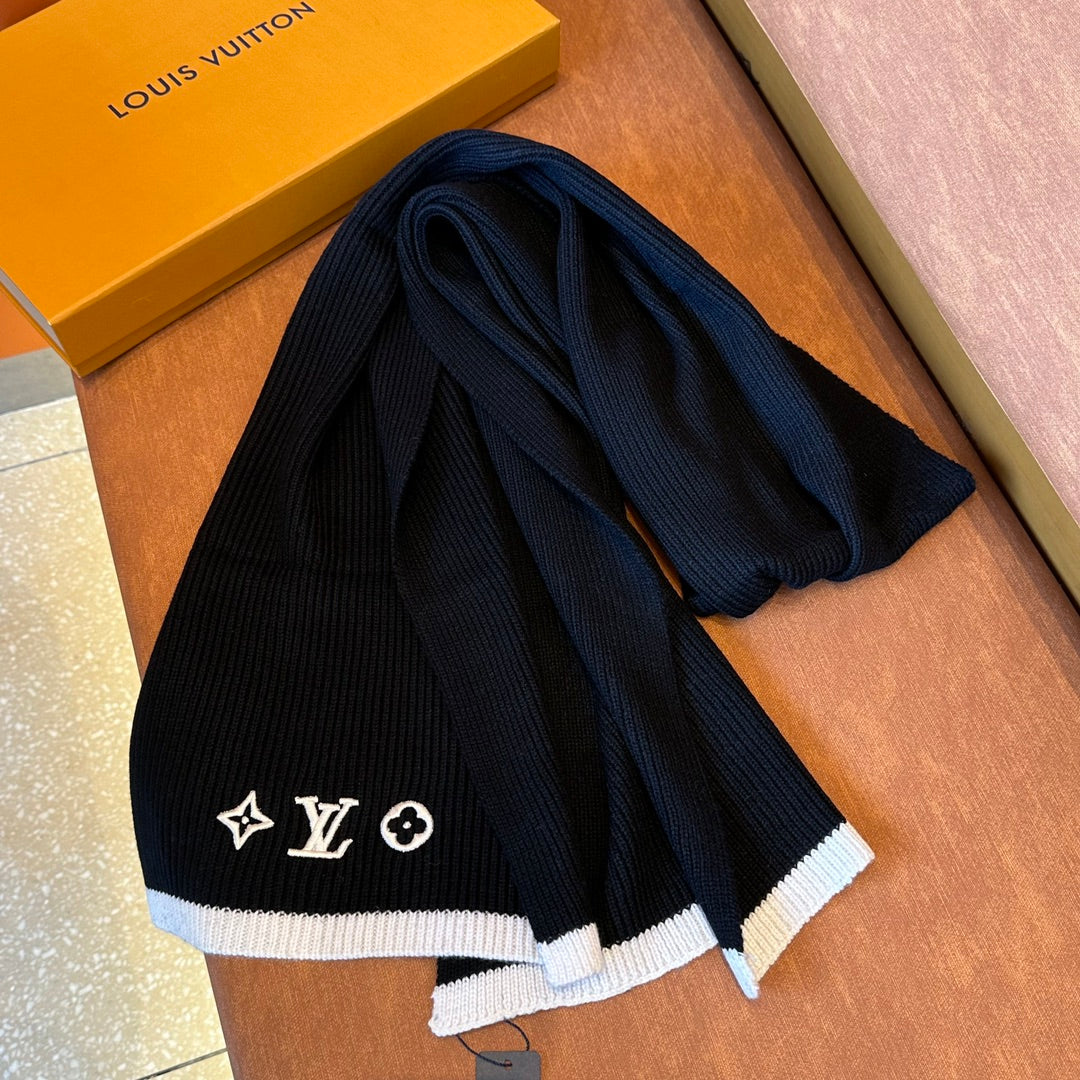 Women's Black Knit Scarf with White Monogram Embroidery and Contrast Border - Warm Soft Winter Fashion Accessory