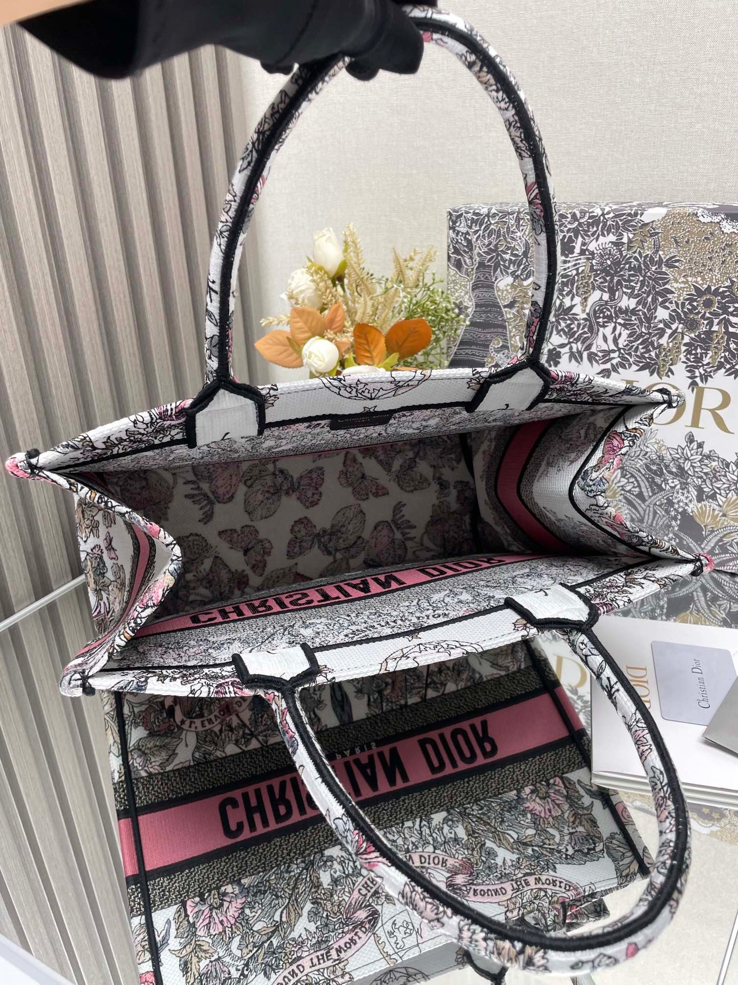 Dior Elegant Pink and Black Floral Tapestry Canvas Tote Handbag
