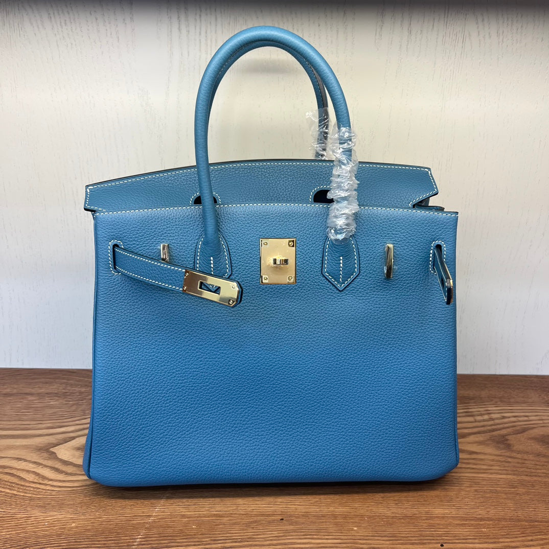 Luxury Blue Leather Handbag - Classic Top Handle Tote with Gold-Tone Hardware