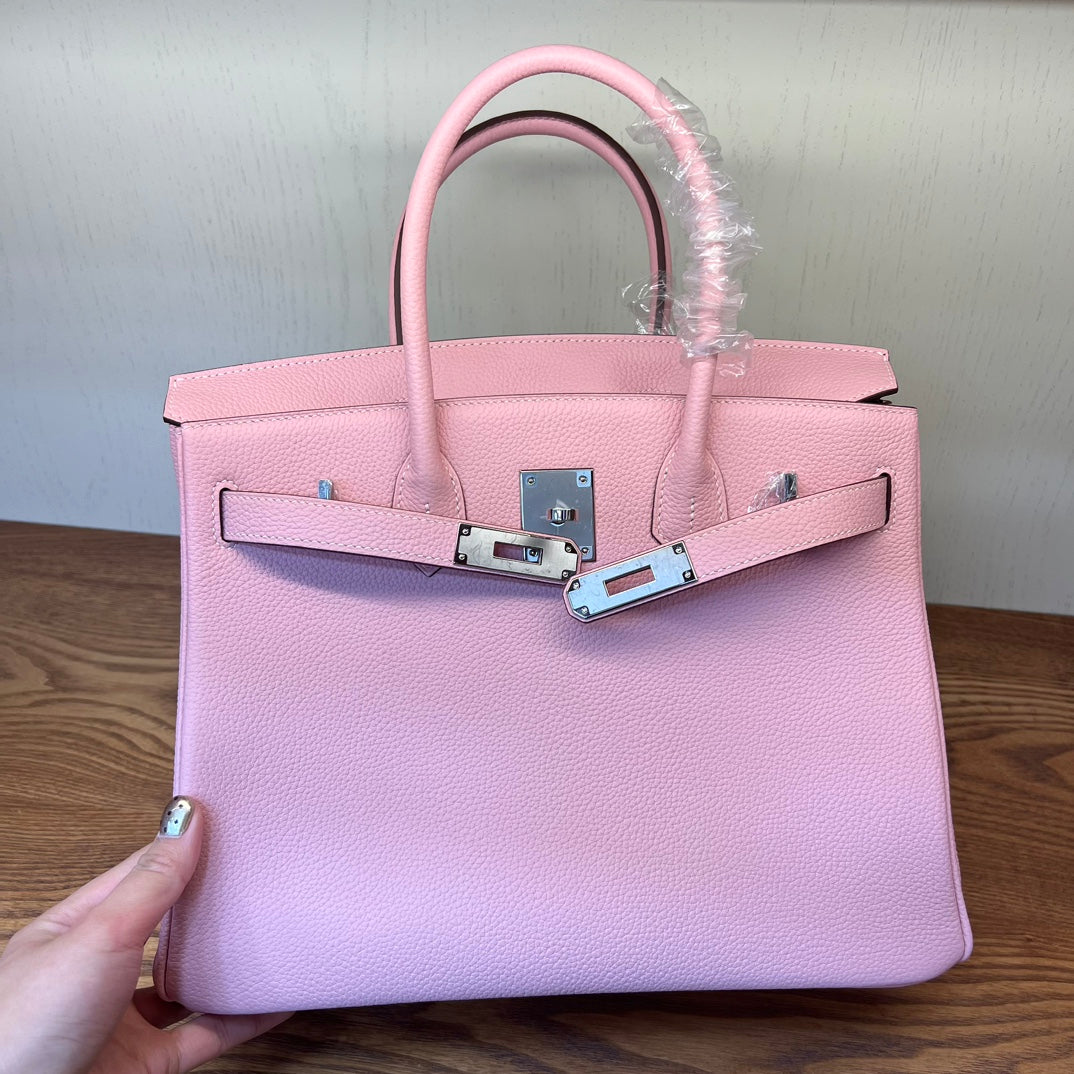 Luxury Pink Pebbled Leather Handbag - Elegant Grained Leather Tote with Protective Feet