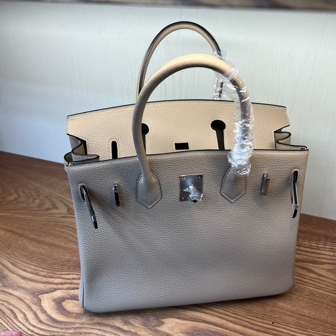 Luxury Pebbled Leather Top Handle Handbag - Elegant Taupe Birkin Style Tote
