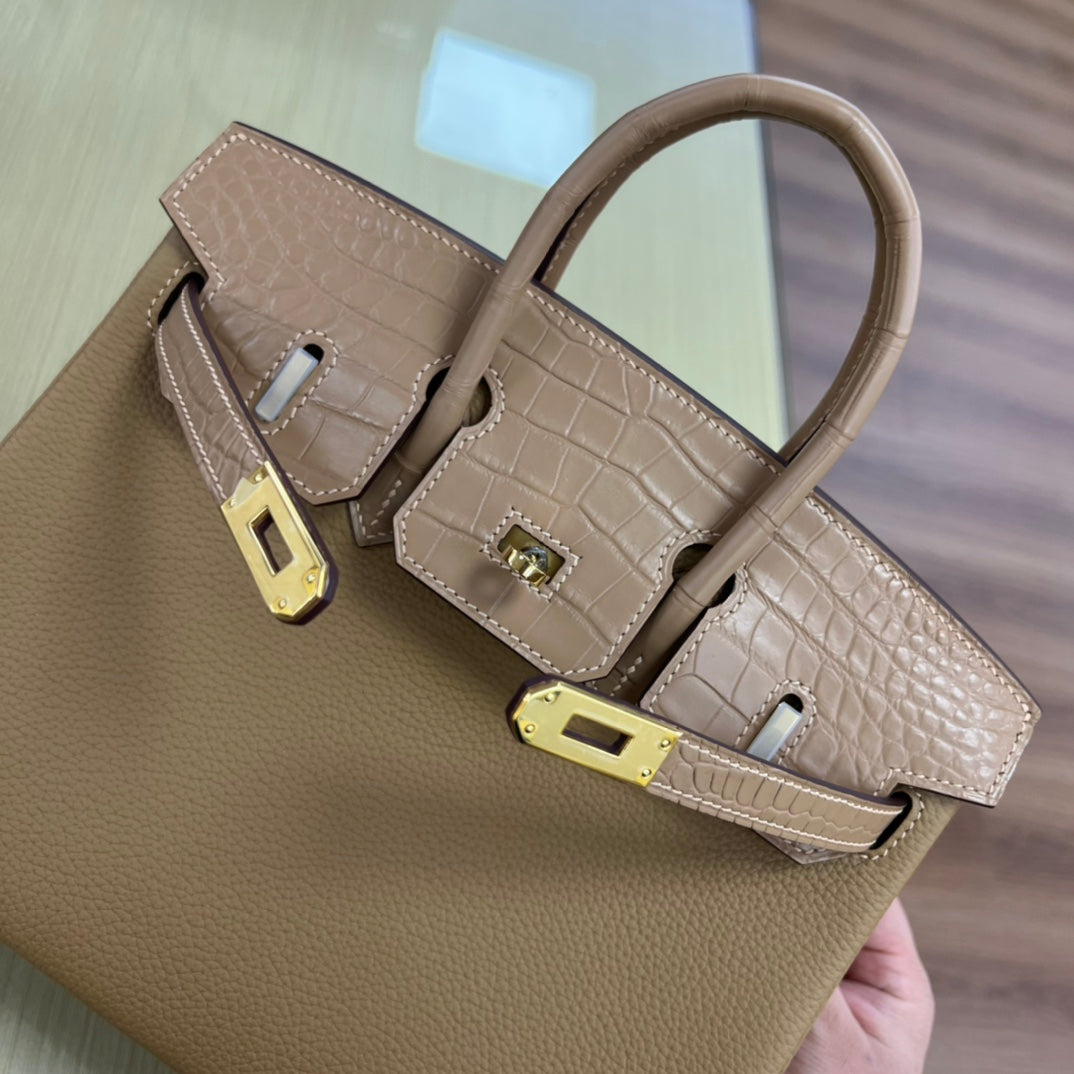 Elegant Tan Leather Handbag with Crocodile Embossed Trim and Gold Hardware
