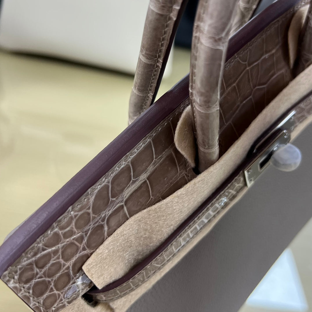 Grey Crocodile Texture Top Handle Leather Handbag with Silver Hardware