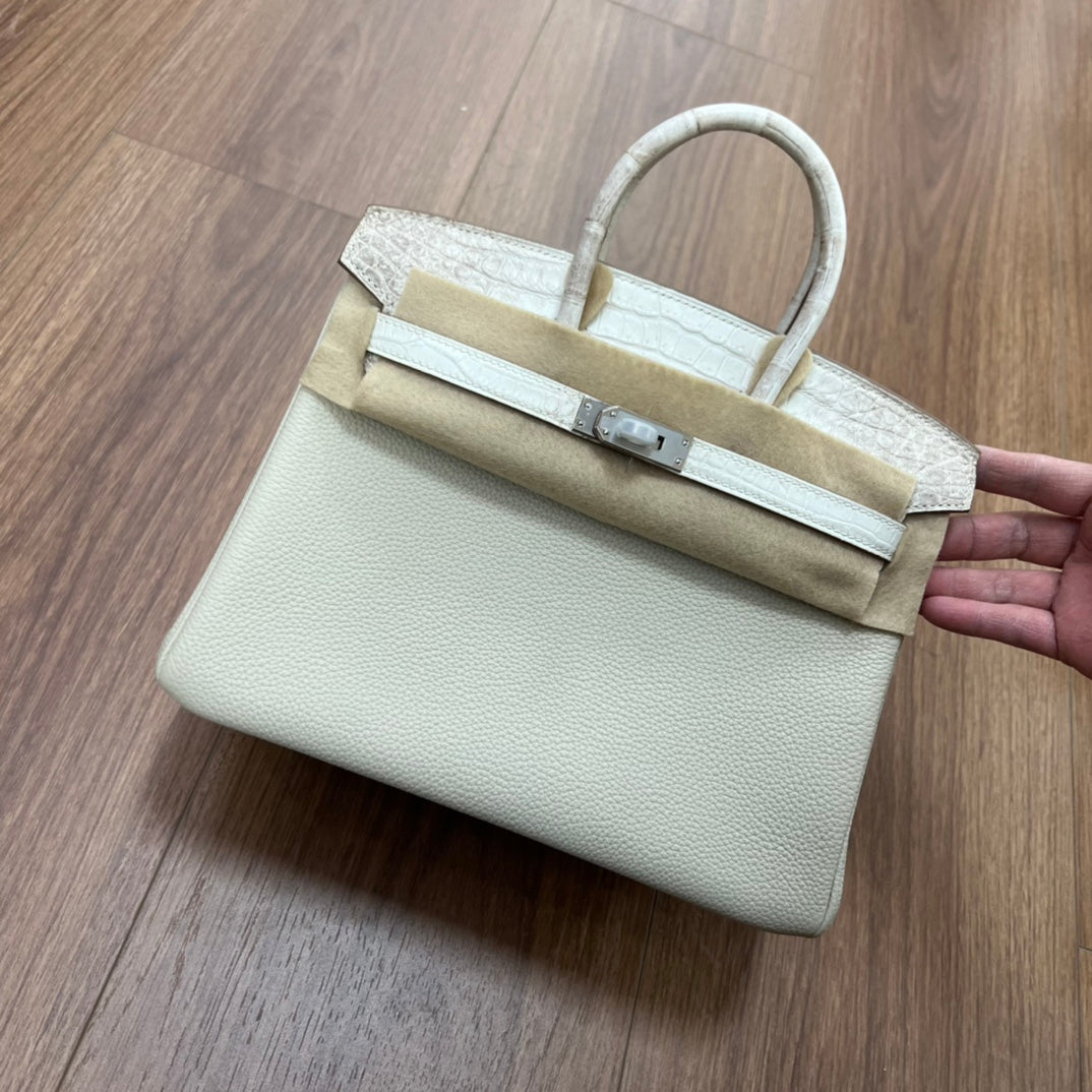 Two-Tone Leather Satchel Handbag with Gold-Tone Hardware - Brown and White