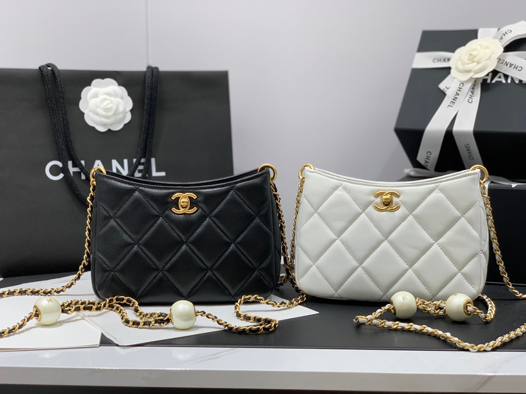 Chanel Quilted Leather Small Hobo Bag with Pearl Chain Detail