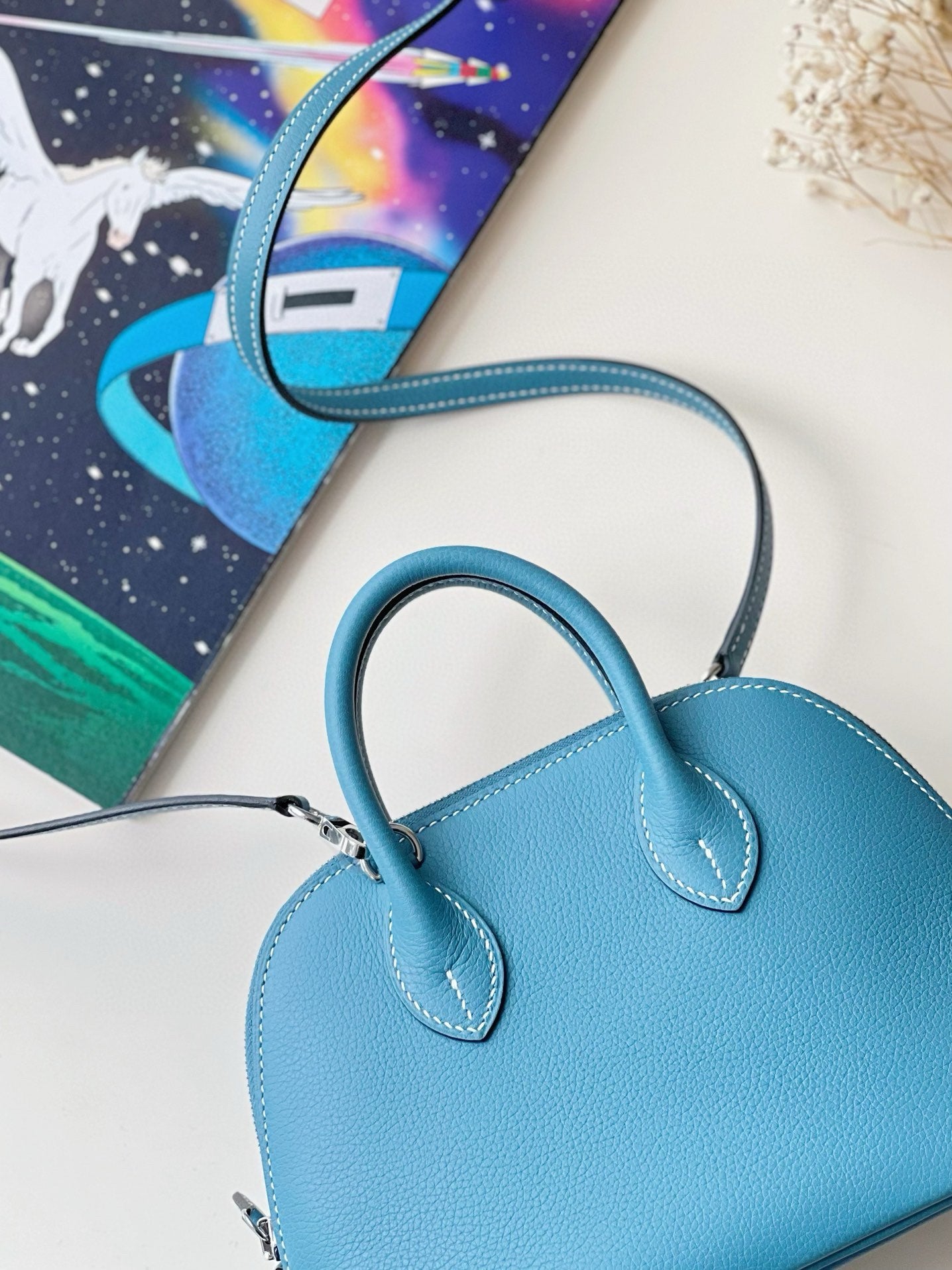 Elegant Blue Dome Handbags with Horse Charm and Silk Scarf - Set of 2 Top Handle Crossbody Bags