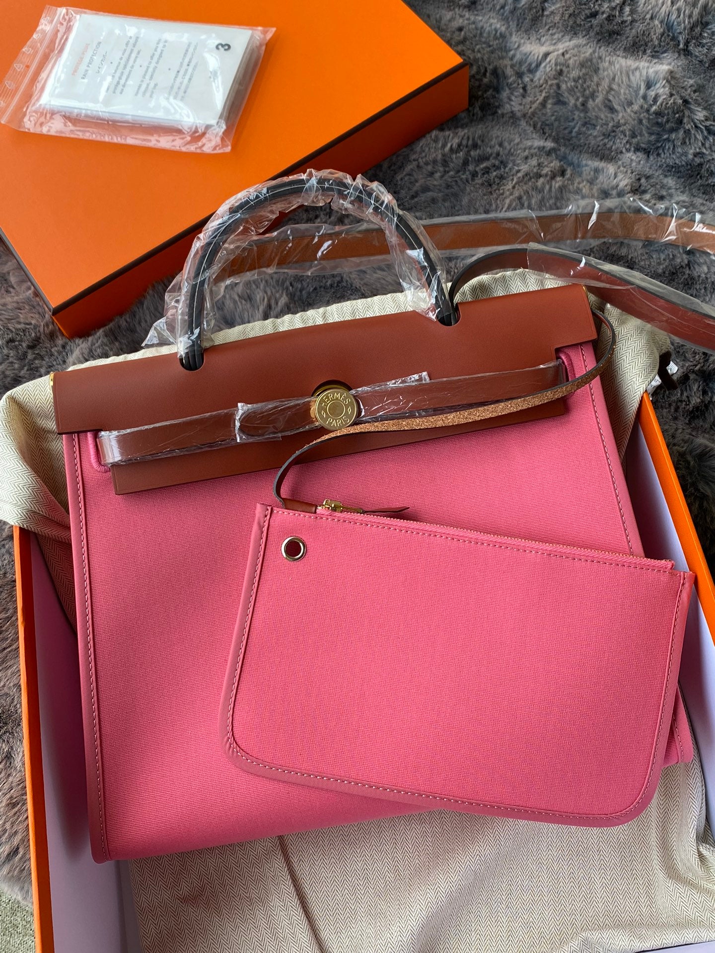 Two-Tone Pink Canvas and Brown Leather Top Handle Handbag - Women's Fashion Tote