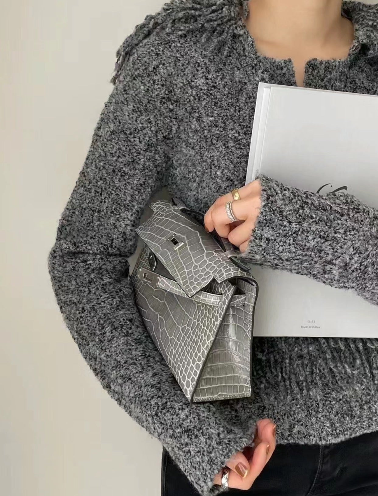 Grey Crocodile Embossed Leather Handbag - Luxury Top Handle Purse with Silver Hardware