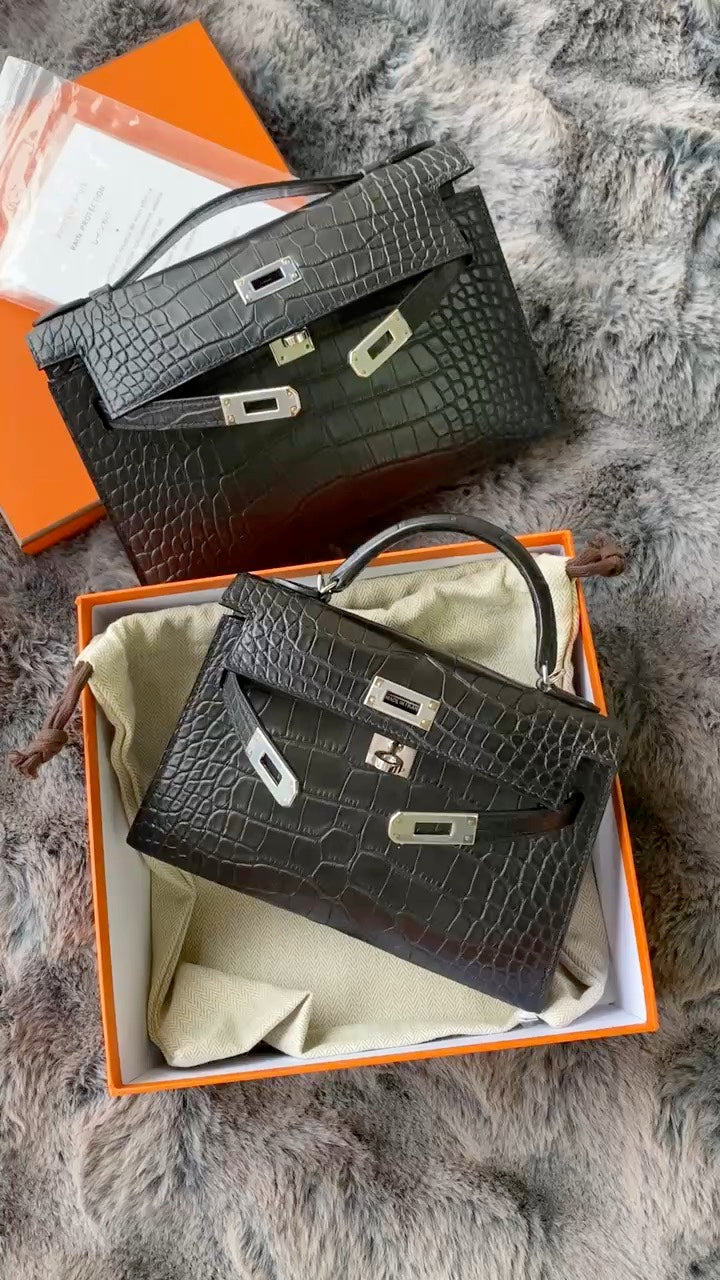 Black Crocodile-Embossed Leather Top Handle Handbag - Luxury Structured Tote