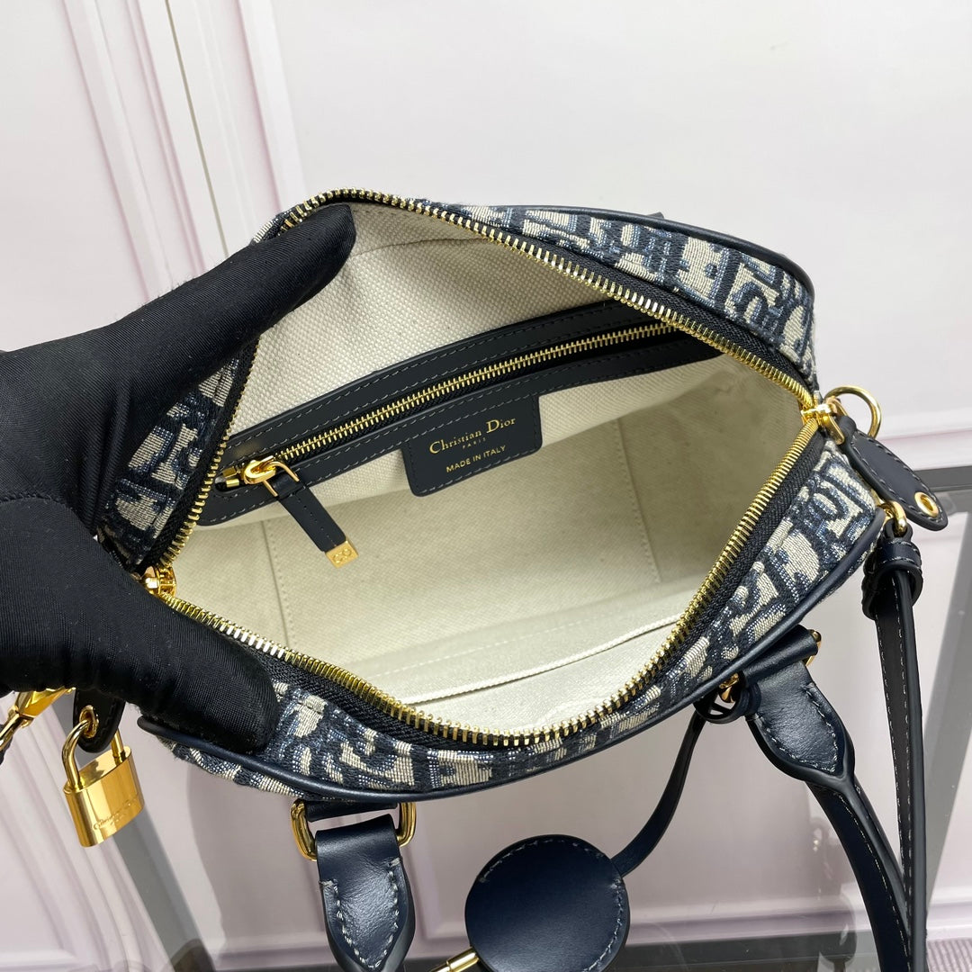 Christian Dior Oblique Jacquard Mini Bowling Bag - Blue and Beige Monogram