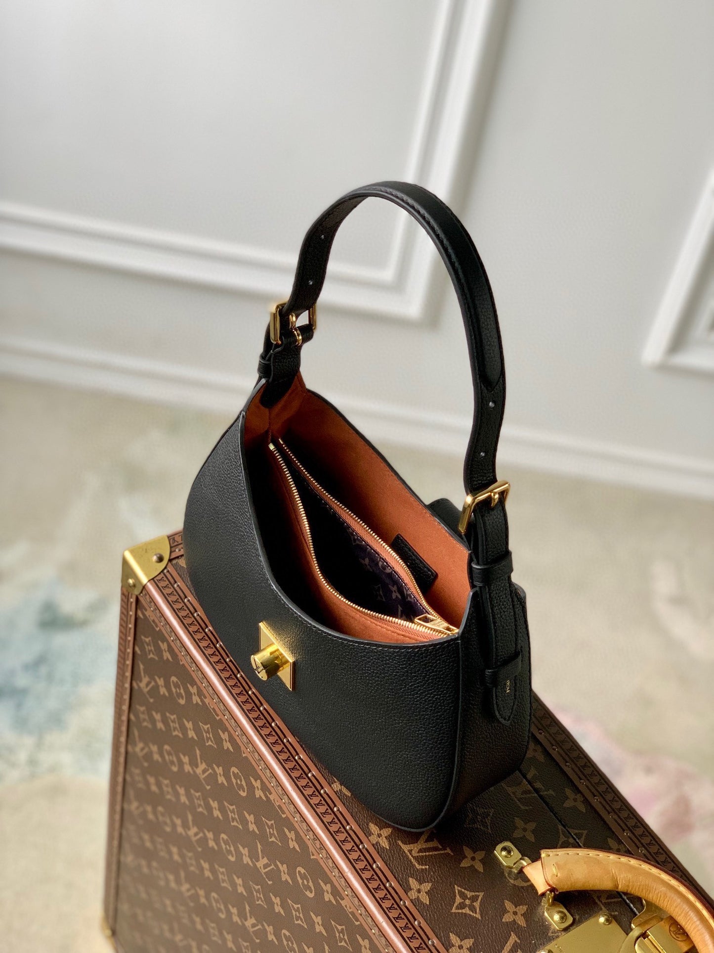 Louis Vuitton Classic Black Textured Leather Hobo Bag with Gold Padlock Clasp