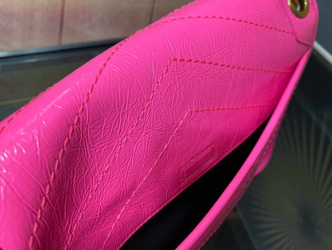 Saint Laurent Niki Medium Shoulder Bag in Fuchsia Pink Crinkled Leather