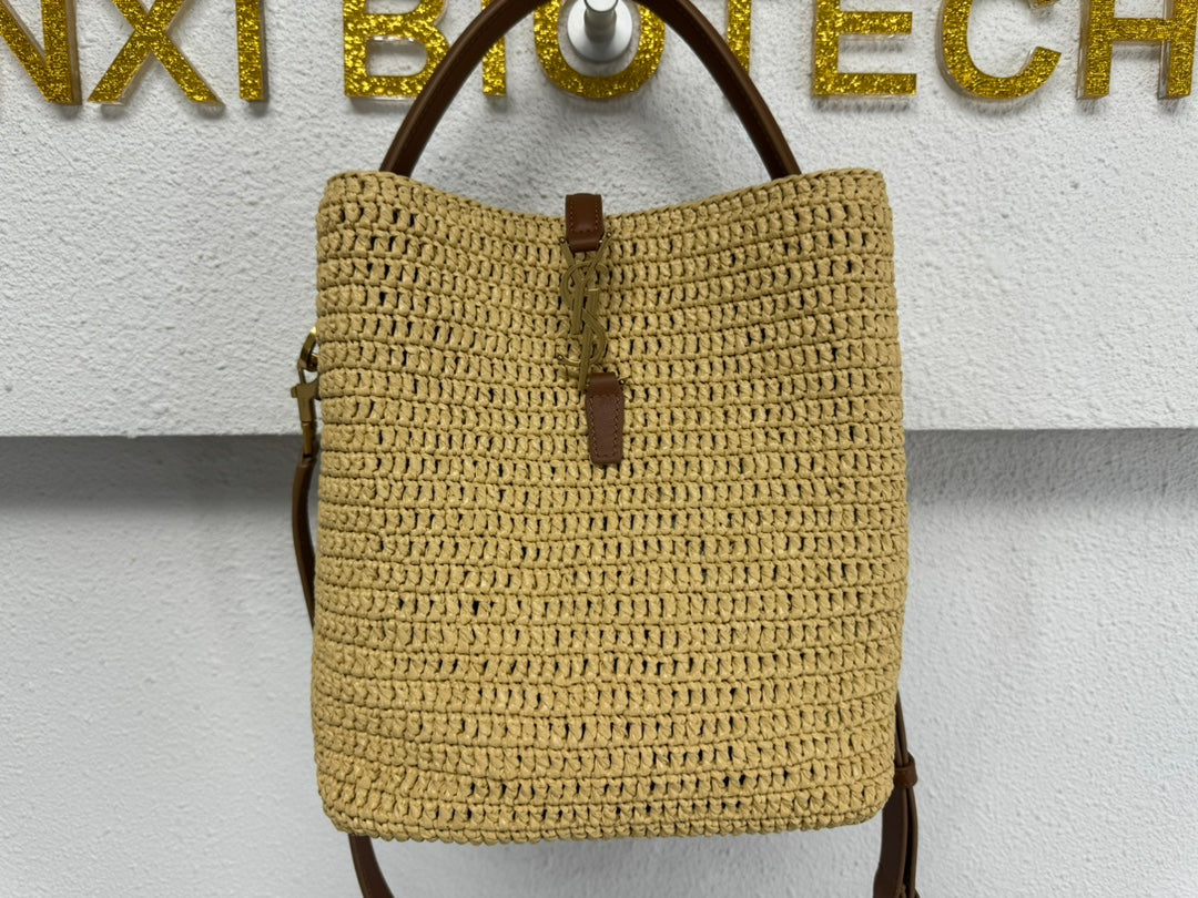 Saint Laurent Small Panier Raffia Bucket Bag with Leather Trim