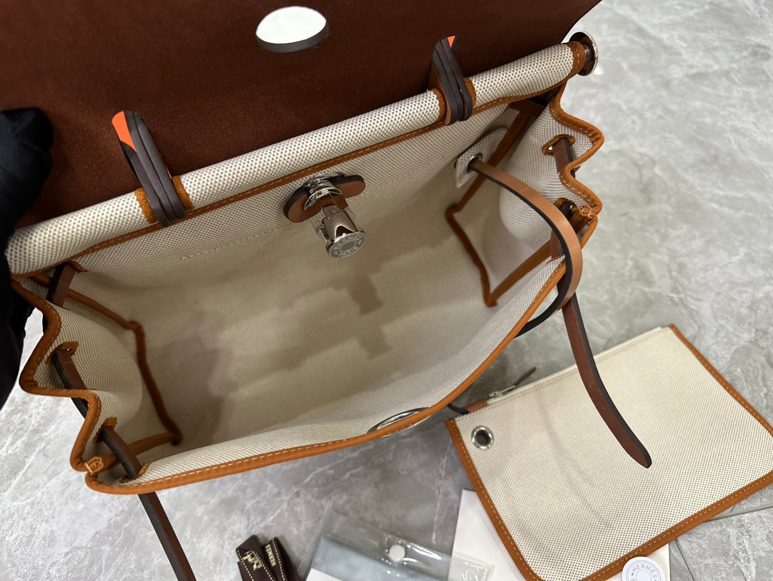 Women's Canvas and Leather Top Handle Satchel Bag - Beige/Tan