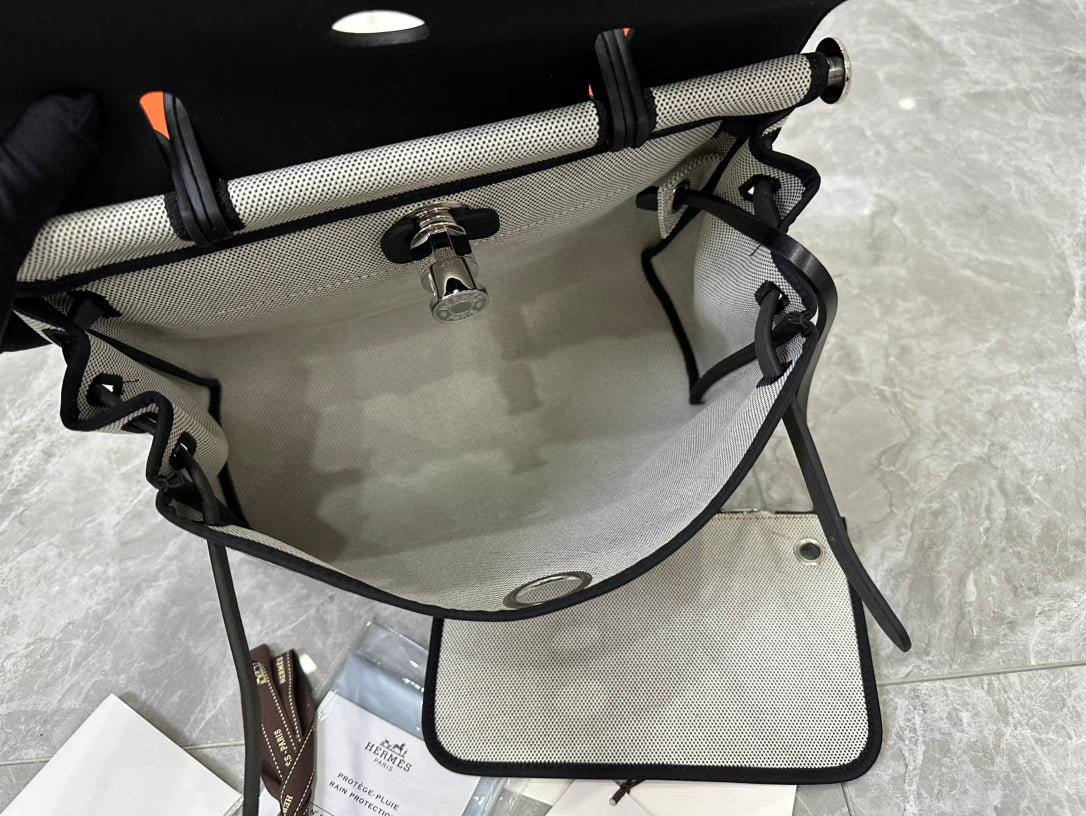Patterned Canvas & Black Leather Top Handle Handbag - Luxury Two-Tone Shoulder Bag