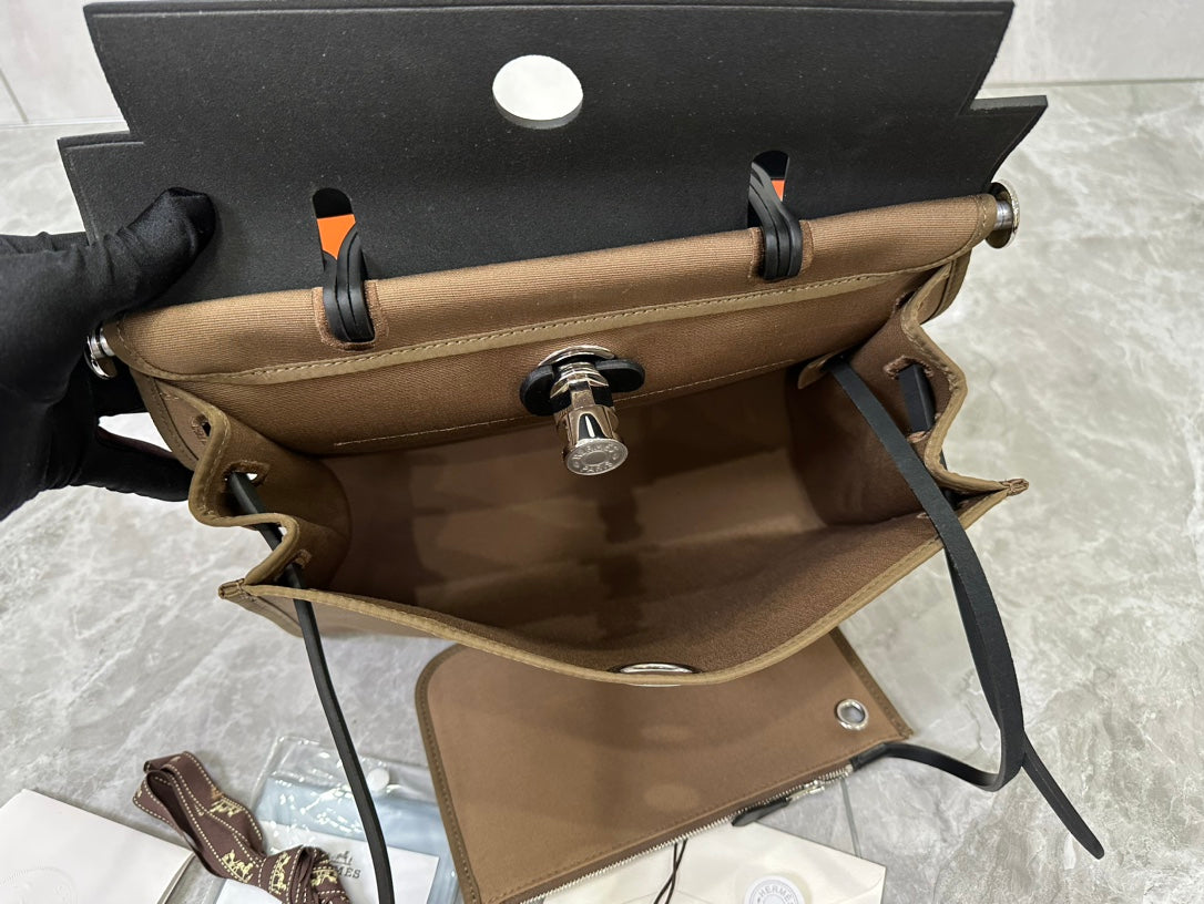 Brown and Black Canvas Top Handle Bag with Leather Trim and Silver Hardware