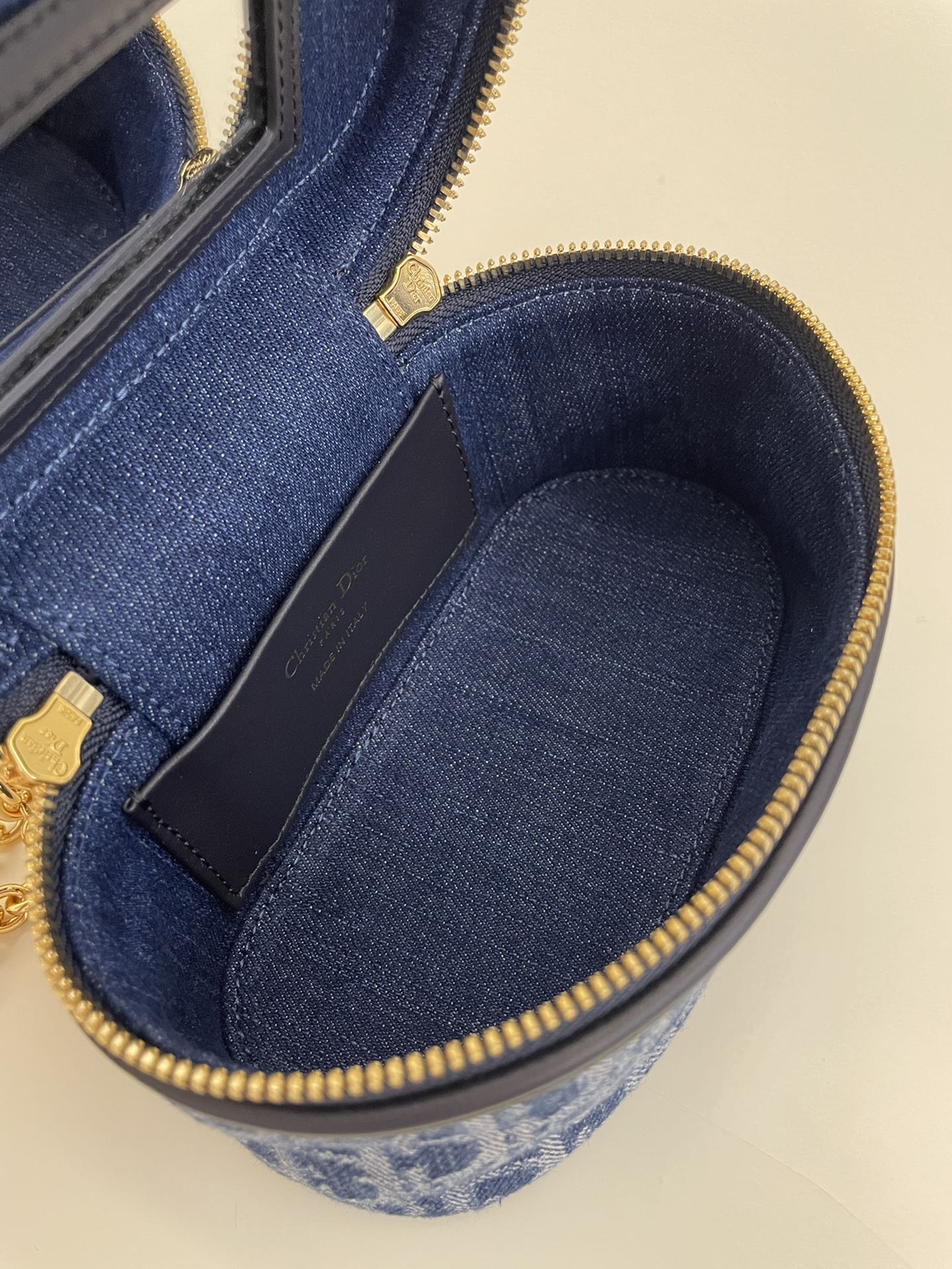 Designer Blue Oblique Canvas Vanity Case with Gold Chain Strap