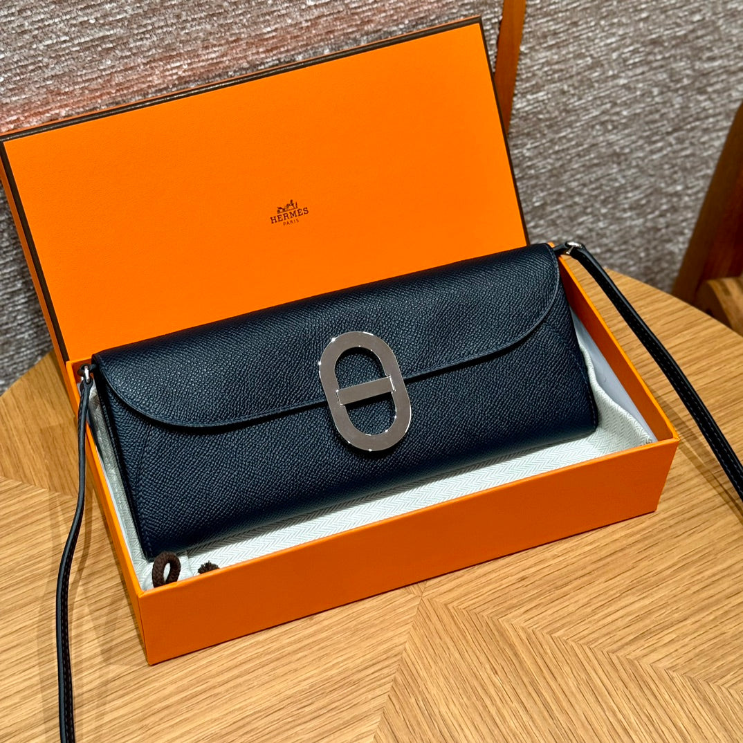 Hermès Della Cavalleria Black Epsom Leather Shoulder Bag with Silver Hardware