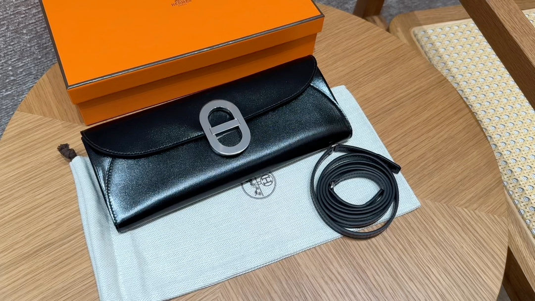 Hermès In-the-Loop Black Leather Wallet with Strap - Silver Hardware