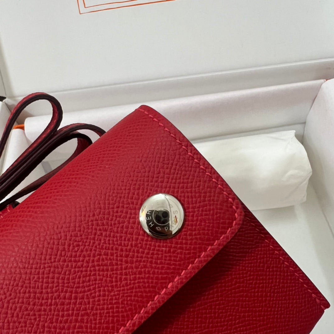Hermès Calvi Card Holder - Red Leather Compact Wallet with Original Packaging