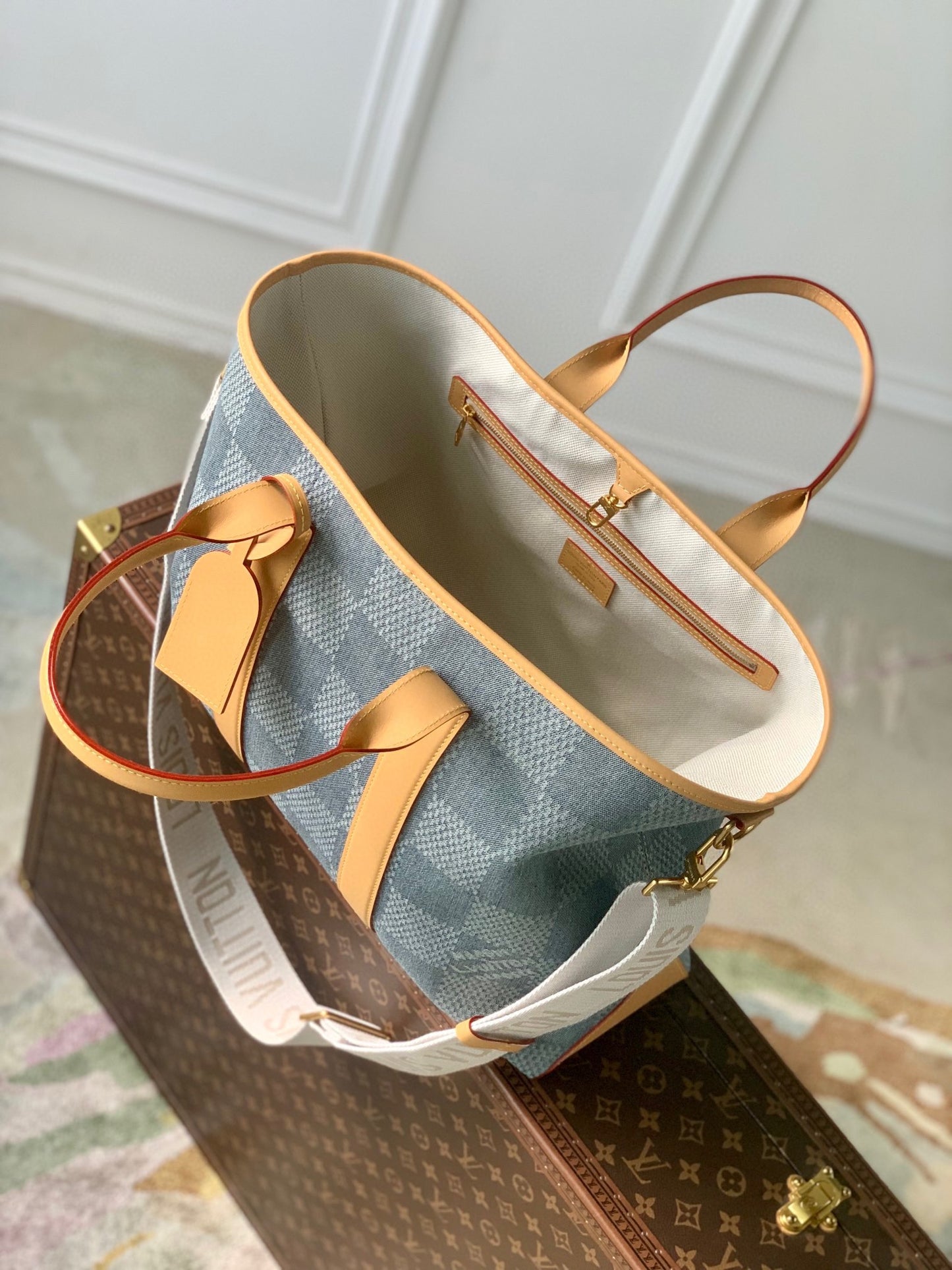 Louis Vuitton Onthego PM Damier Denim Tote Bag - Blue and White
