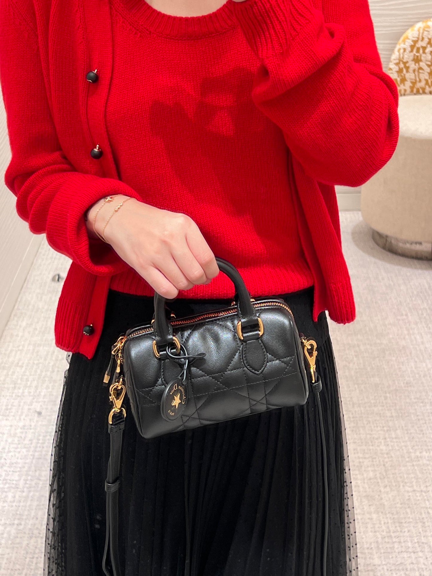 Christian Dior Black Quilted Leather Mini Bowling Bag with Star Charm