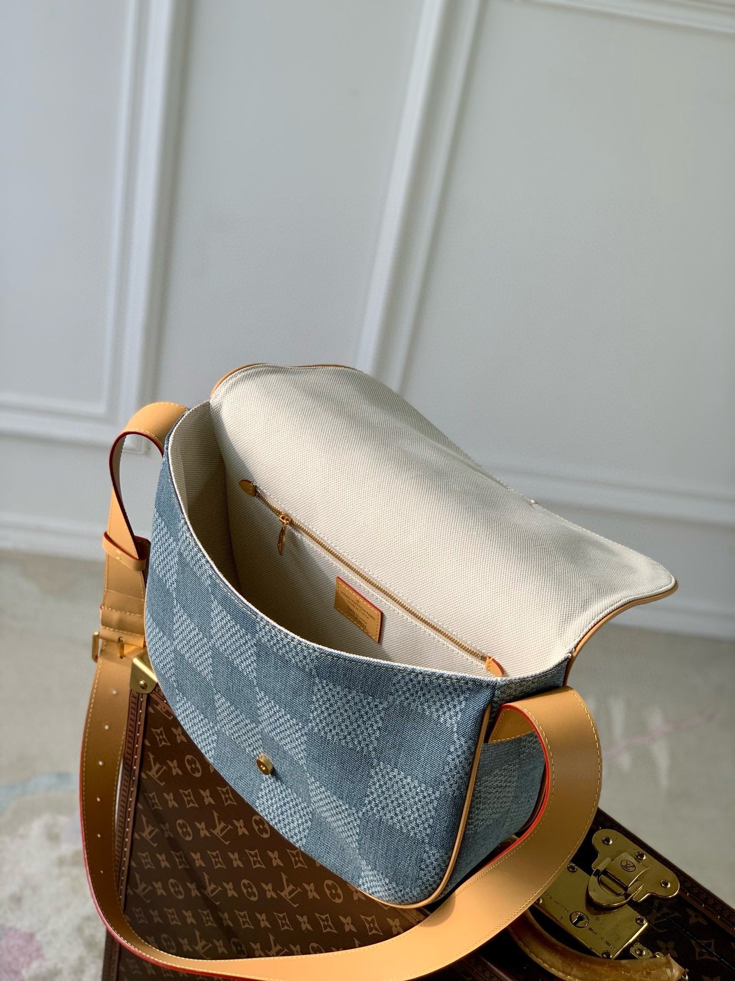 Louis Vuitton Damier Denim Blue Crossbody Bag with Tan Leather Strap
