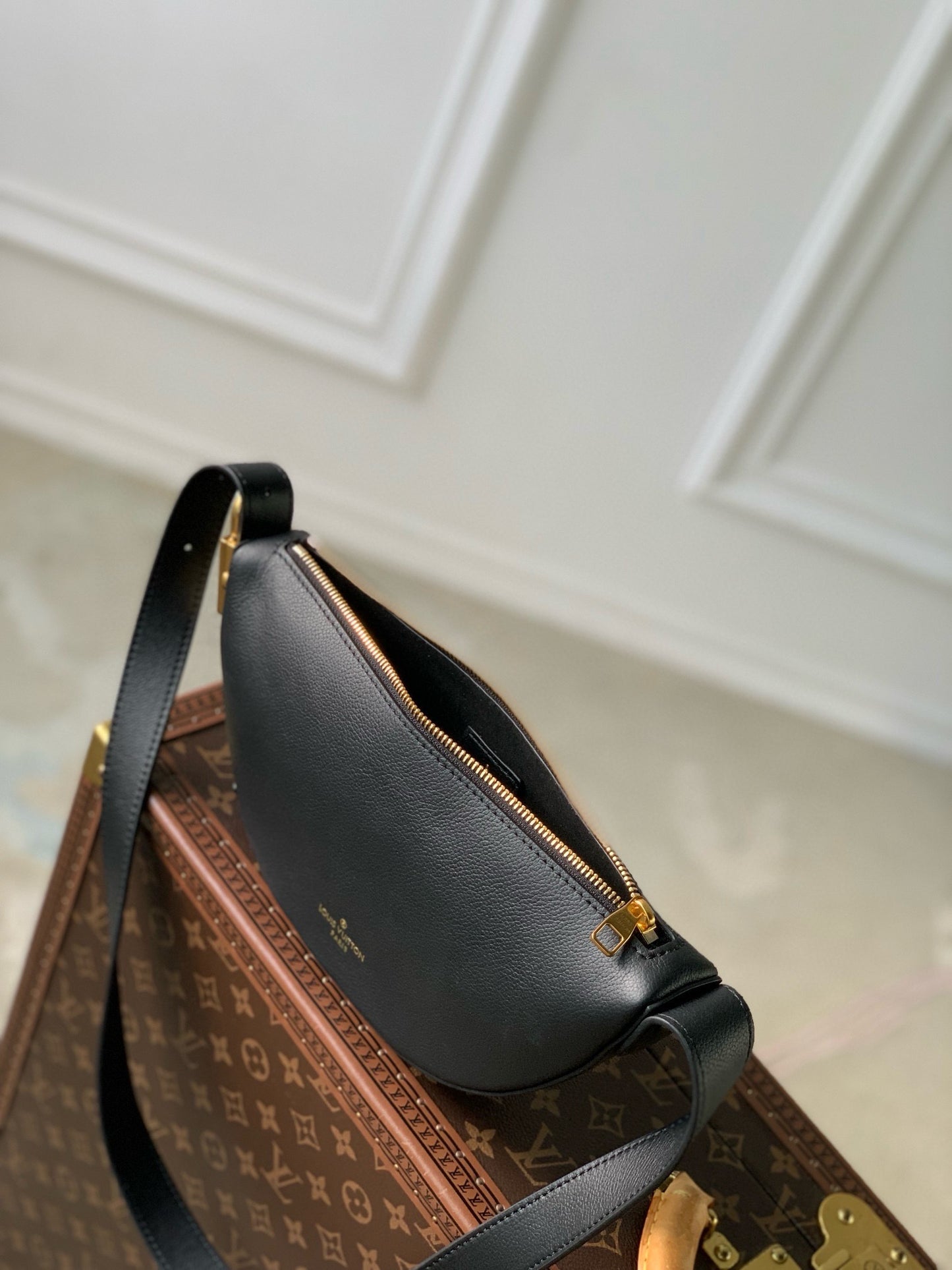 Louis Vuitton Black Leather Belt Bag with Gold Hardware