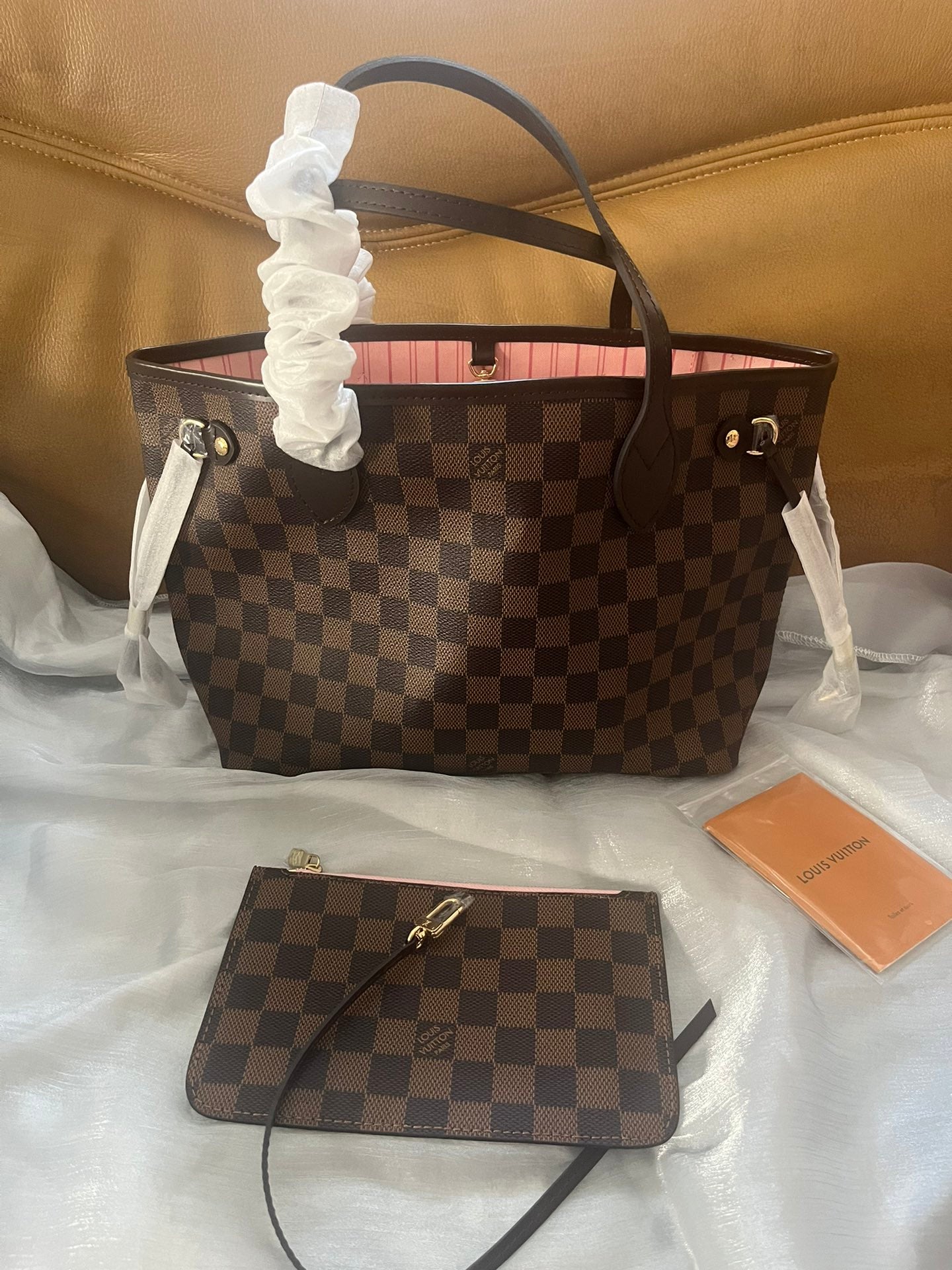 Louis Vuitton Neverfull MM Damier Ebene Canvas Tote Bag with Pouch - Rose Ballerine
