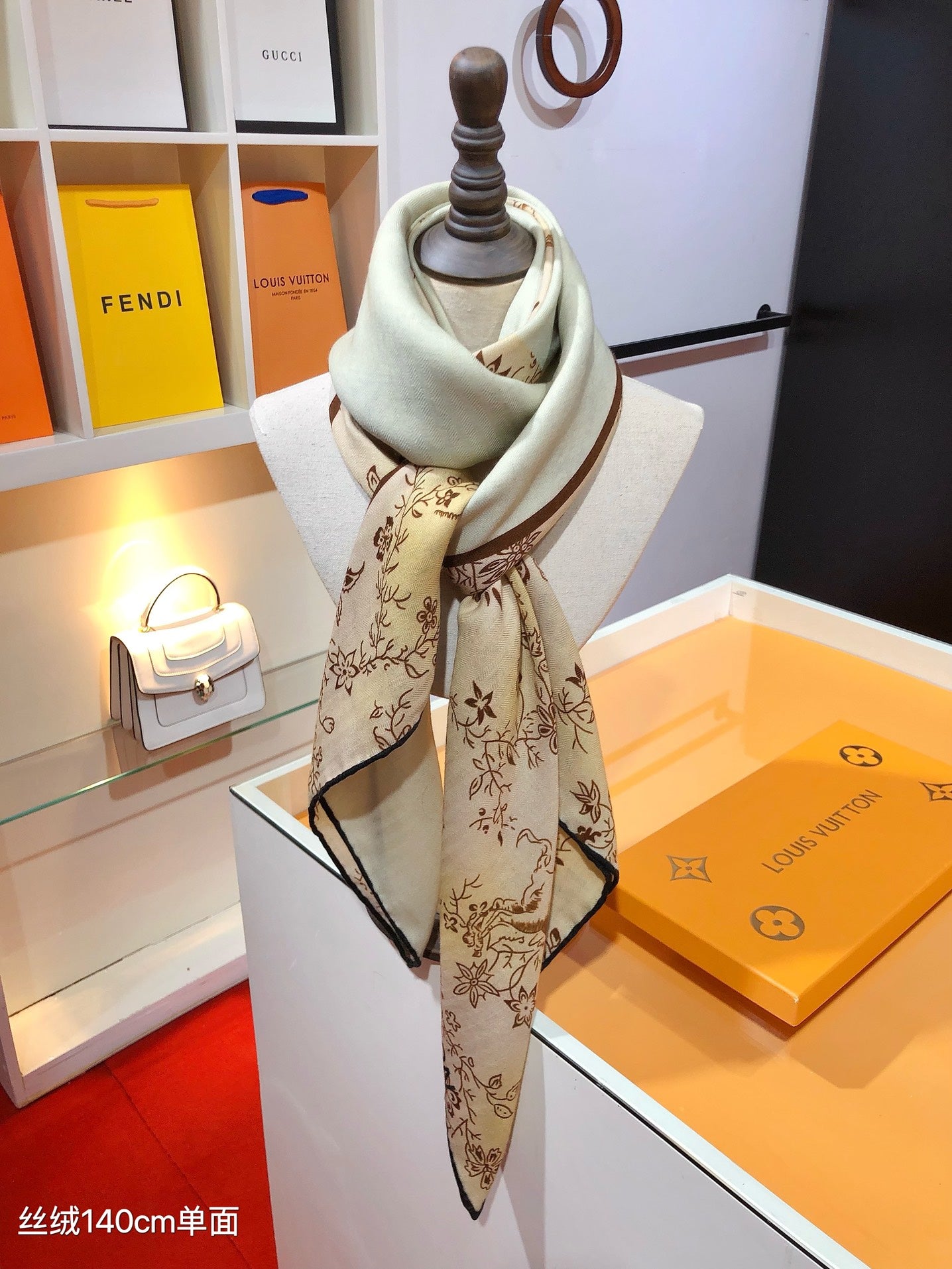 Louis Vuitton Floral Silk Scarf - Designer Logo Print Neck Scarf for Women, Cream and Navy Blue