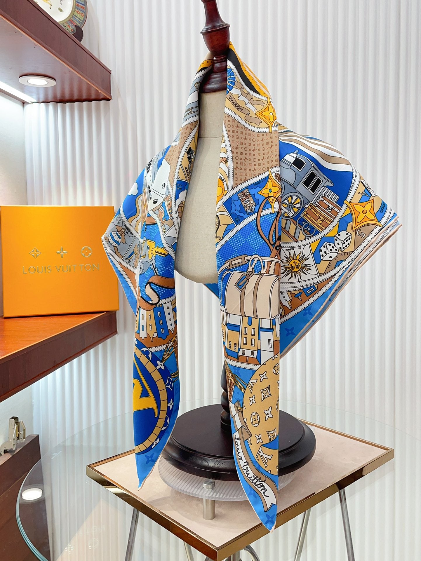 Women's Blue Silk Scarf with Monogram Print and Illustrated Design - Elegant Fashion Neck Accessory