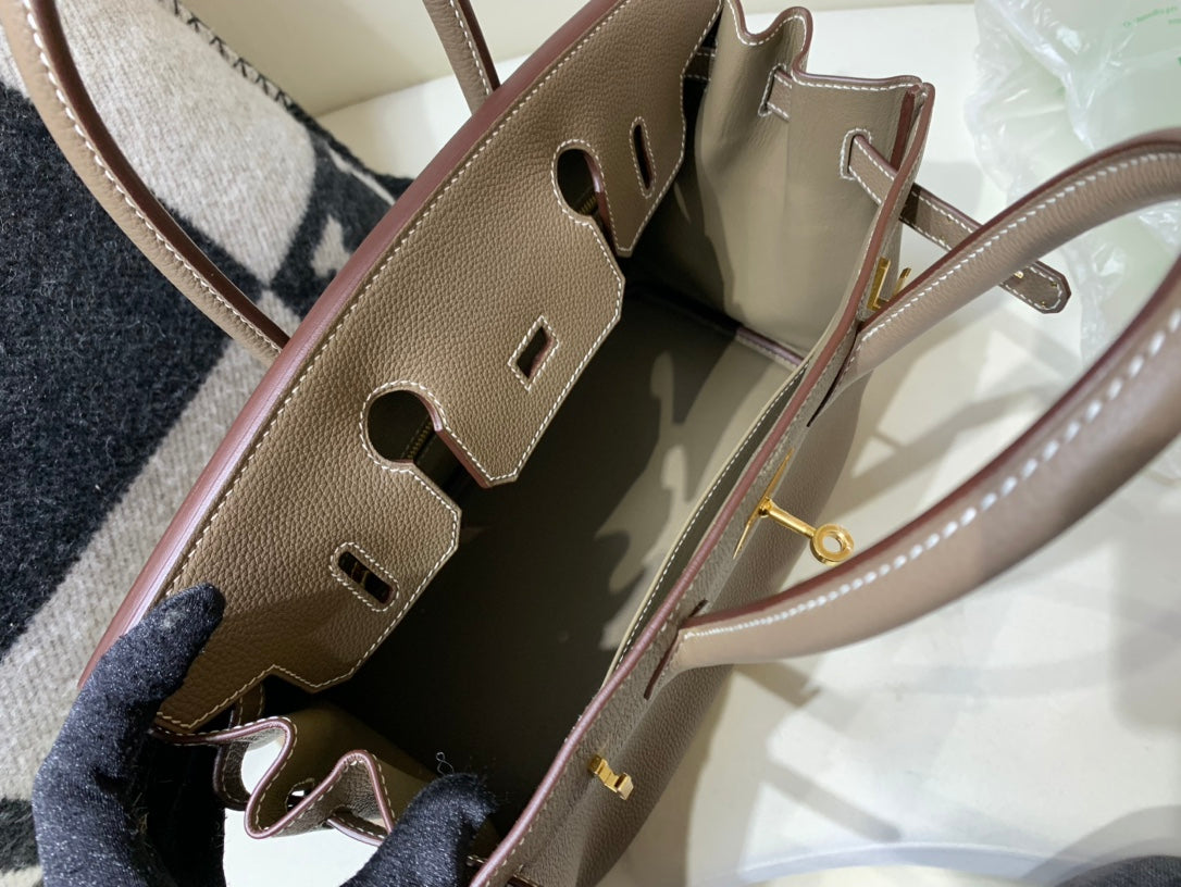 Classic Taupe Leather Top Handle Handbag with Gold-Toned Hardware