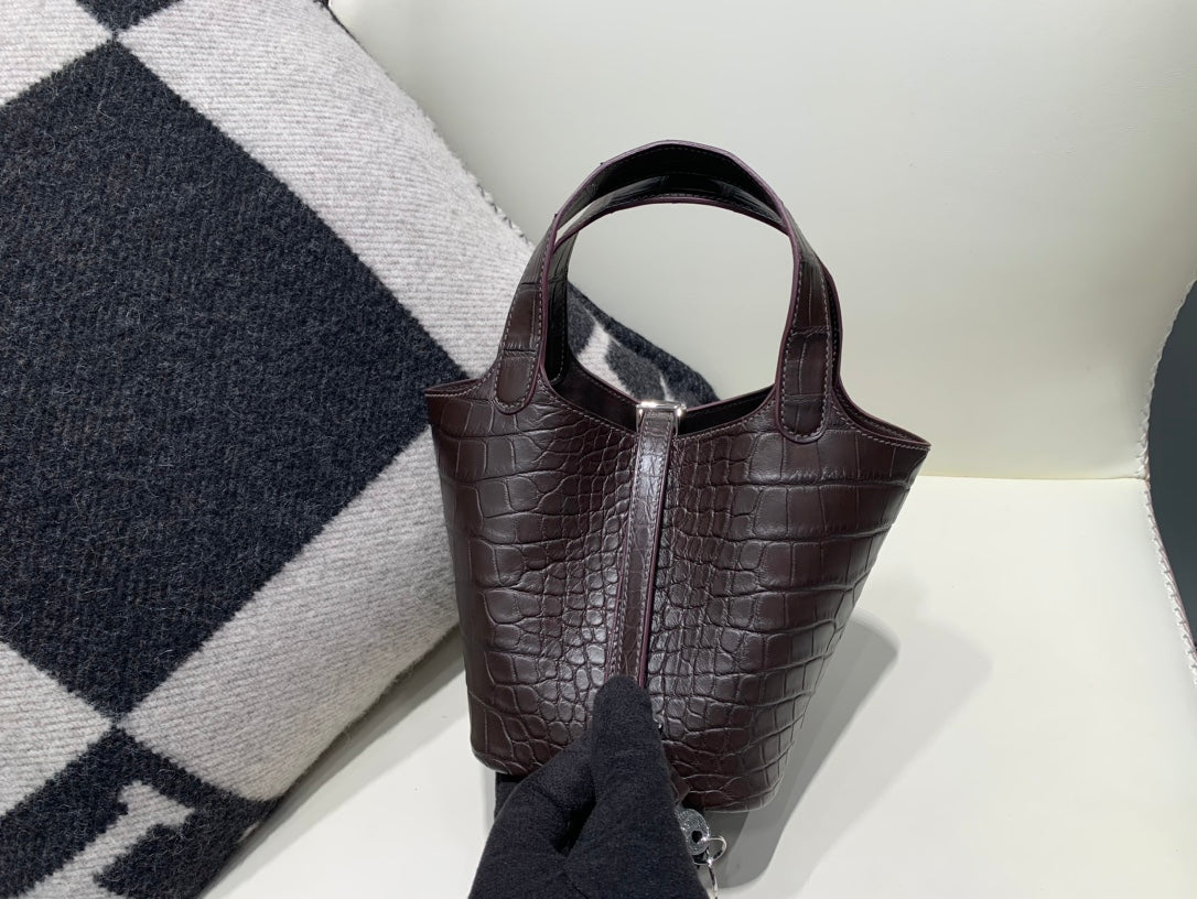 Luxury Small Brown Crocodile-Embossed Leather Bucket Bag with Lock and Key