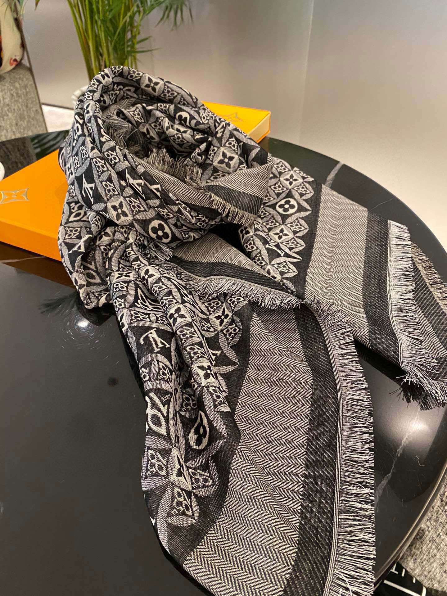 Women's Elegant Patterned Scarf - Large Grey and Black Luxury Inspired Shawl Wrap for Winter and Fall
