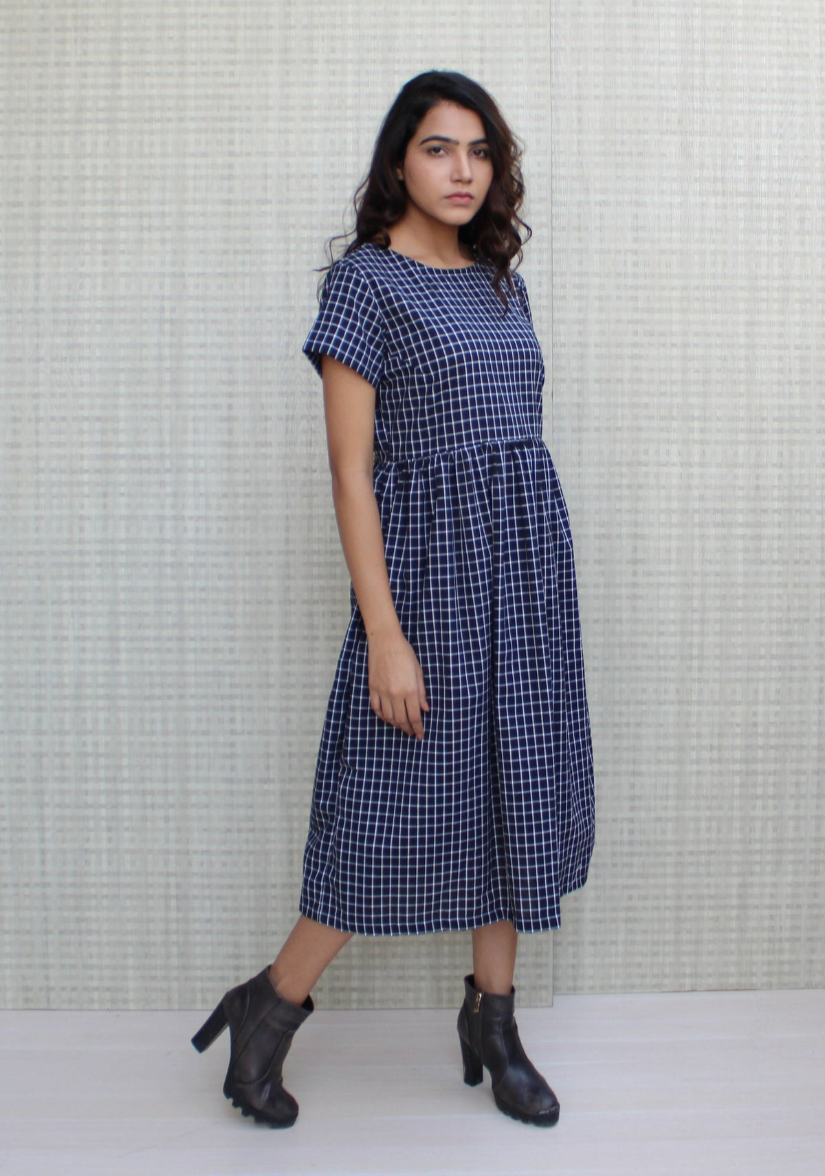Checkered Linen Tea Dress, Short Sleeves Boat Neck Line Smock Linen Dress, Linen Midi Dress With Pockets, Sustainable Soft Organic Clothing