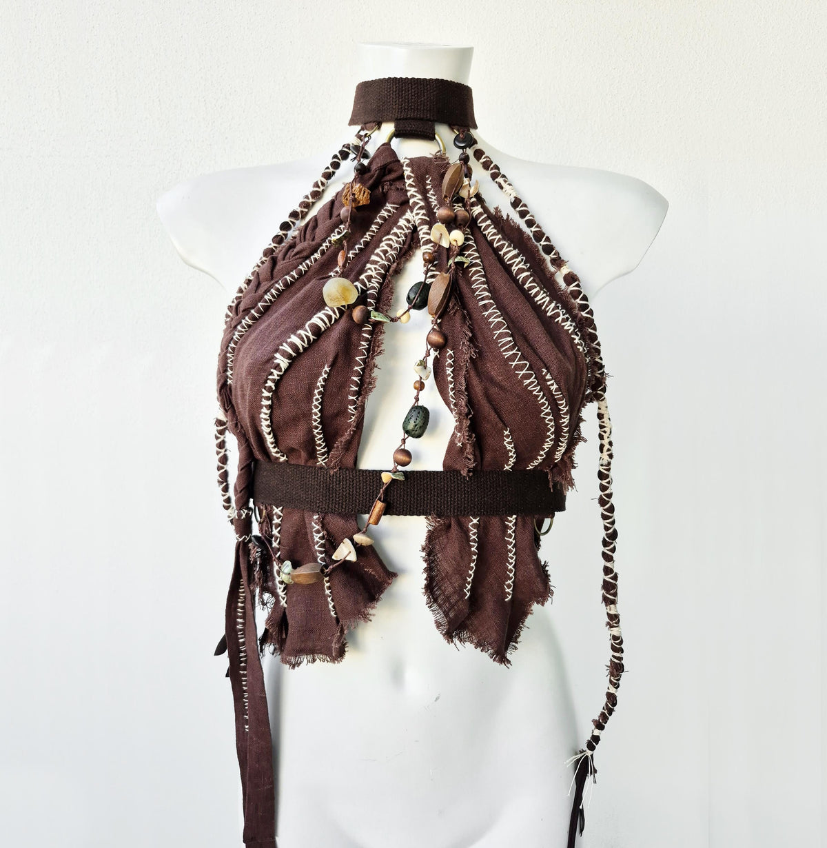 Distressed brown linen crop top. One of a kind Post-Apocalyptic tribe Festival Fashion