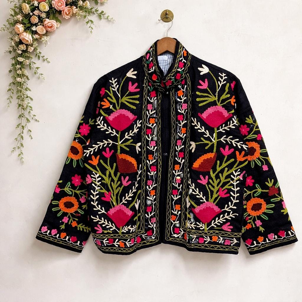 Black Kashmiri Embroidered Jacket, Floral Boho Wool Coat, Handmade Ethnic Winter Jacket, Vintage Style Statement Outerwear